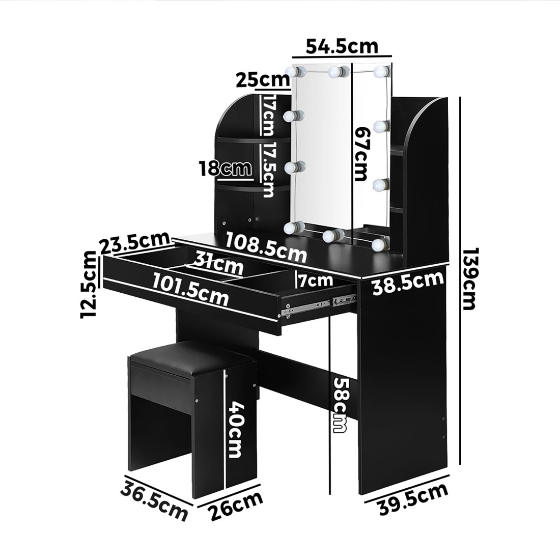 9 Oikiture Dressing Table Stool Set Makeup Mirror Storage Drawer 10led Bulbs
 - Black, 9 of 9