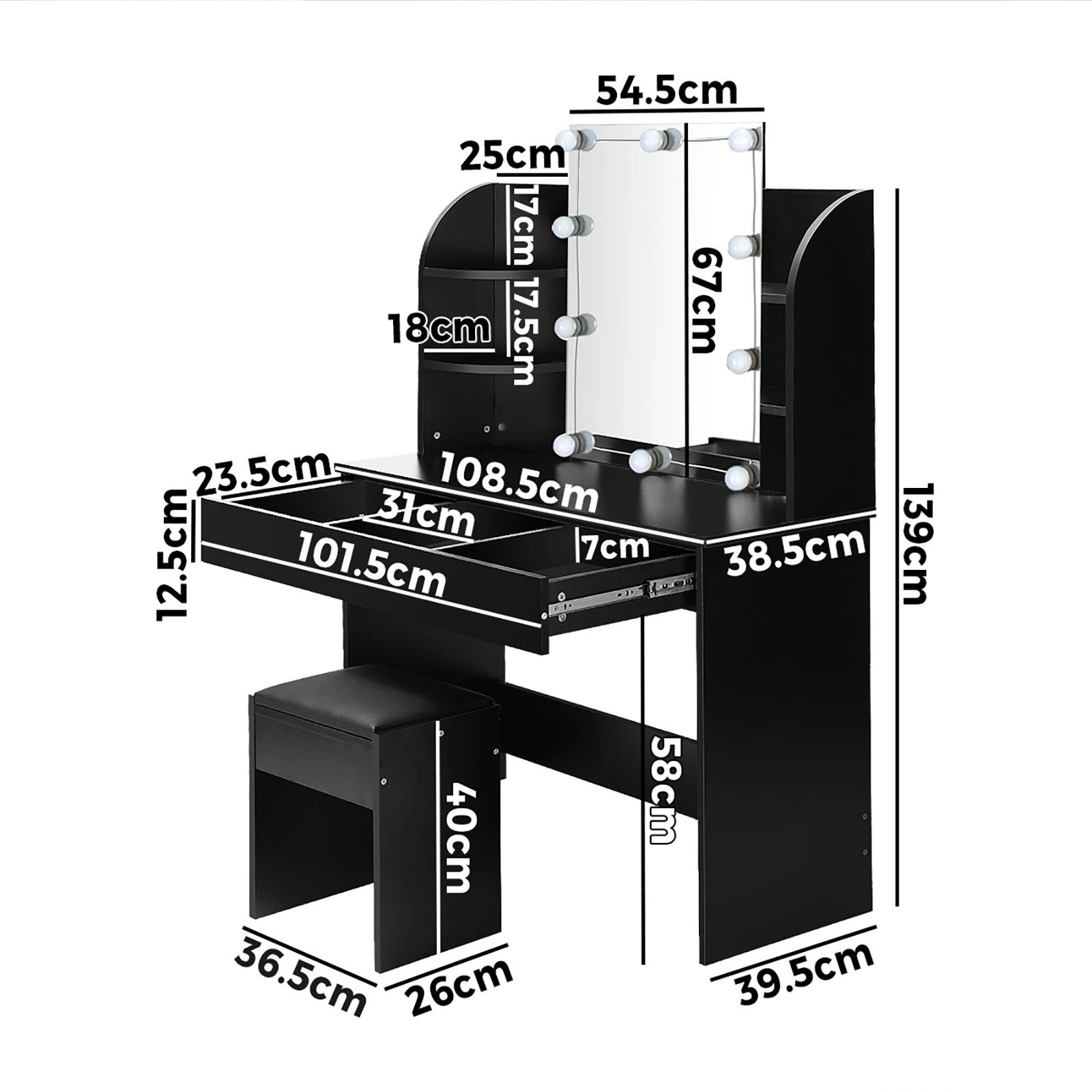 9 Oikiture Dressing Table Stool Set Makeup Mirror Storage Drawer 10led Bulbs
 - Black, 9 of 9