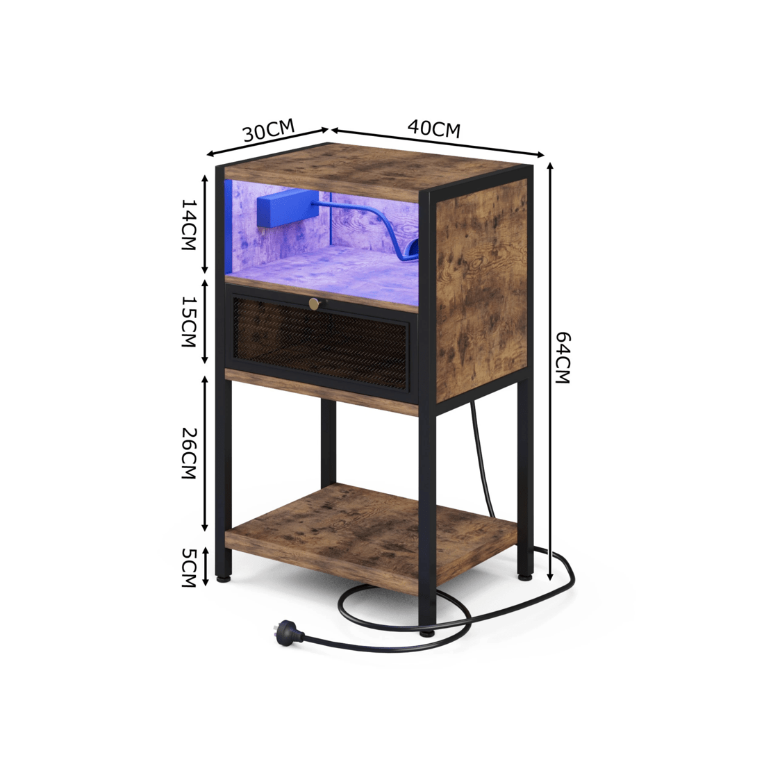 2 Advwin 2x LED Bedside Table with Charging Station Metal Mesh Drawer Nightstand Side Table - Brown, 2 of 9