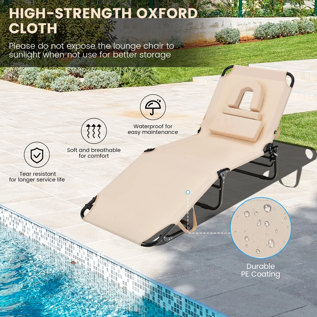 5 Costway Folding Beach Sun Lounger Adjustable 5-Position Chaise - Beige, 5 of 10