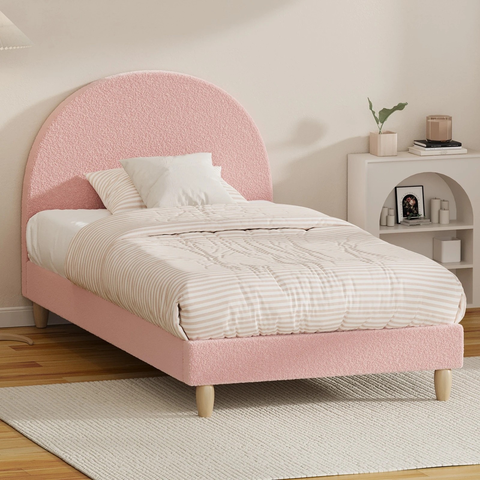 3 Oikiture Bed Frame King Single Size Boucle - Pink, 3 of 7