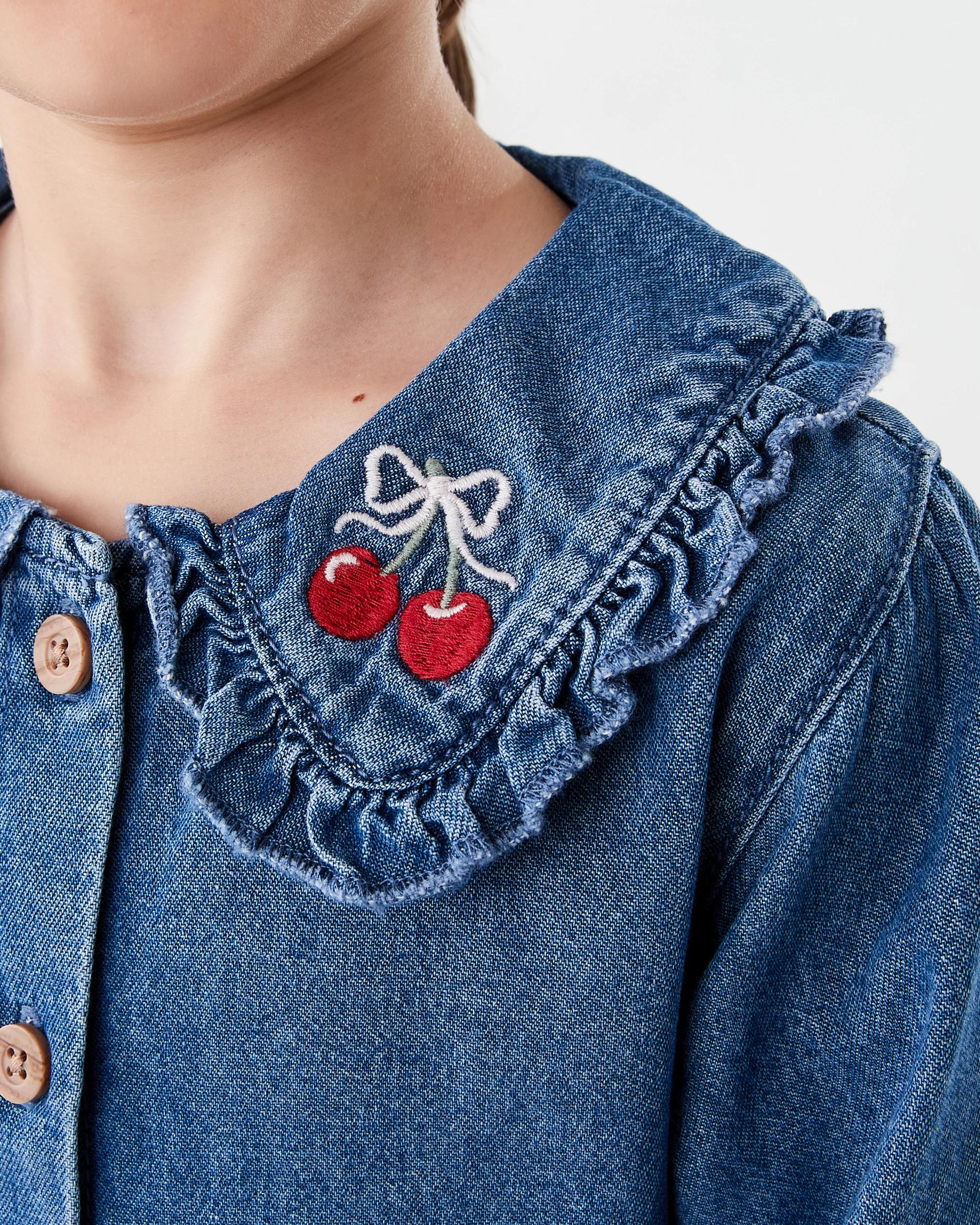 5 Long Sleeve Denim Frill Shirt Red Cherry, 5 of 9