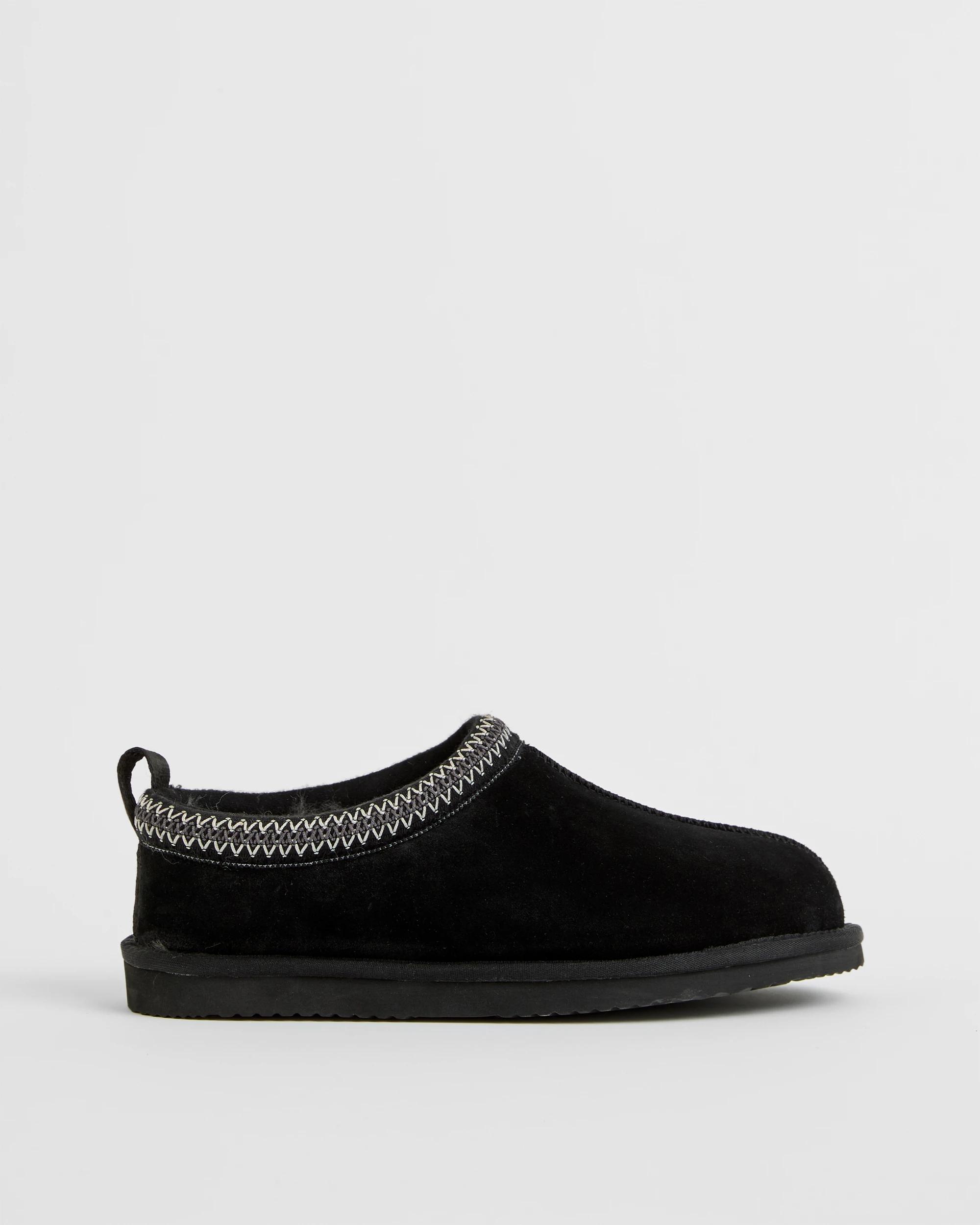 1 Australian Design Ugg Boots and Slippers Australian Design Ugg Sheepskin and Leather Tape Scuff Slipper BLACK, 1 of 3