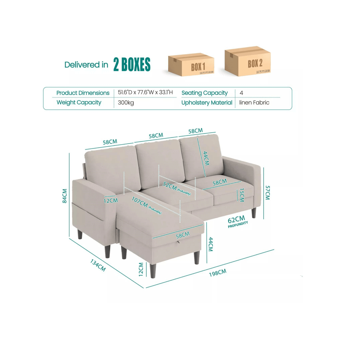 10 Advwin 3 Seater Sofa Modular Lounge Chaise Set With Storage Ottoman Beige, 10 of 10