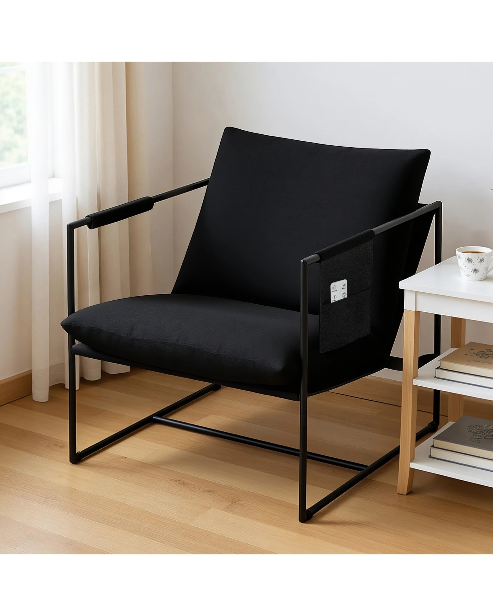 3 Advwin Sling Accent Chair Linen Lounge Chair Armchair with Upholstered Cushions & Side Pocket Black, 3 of 10