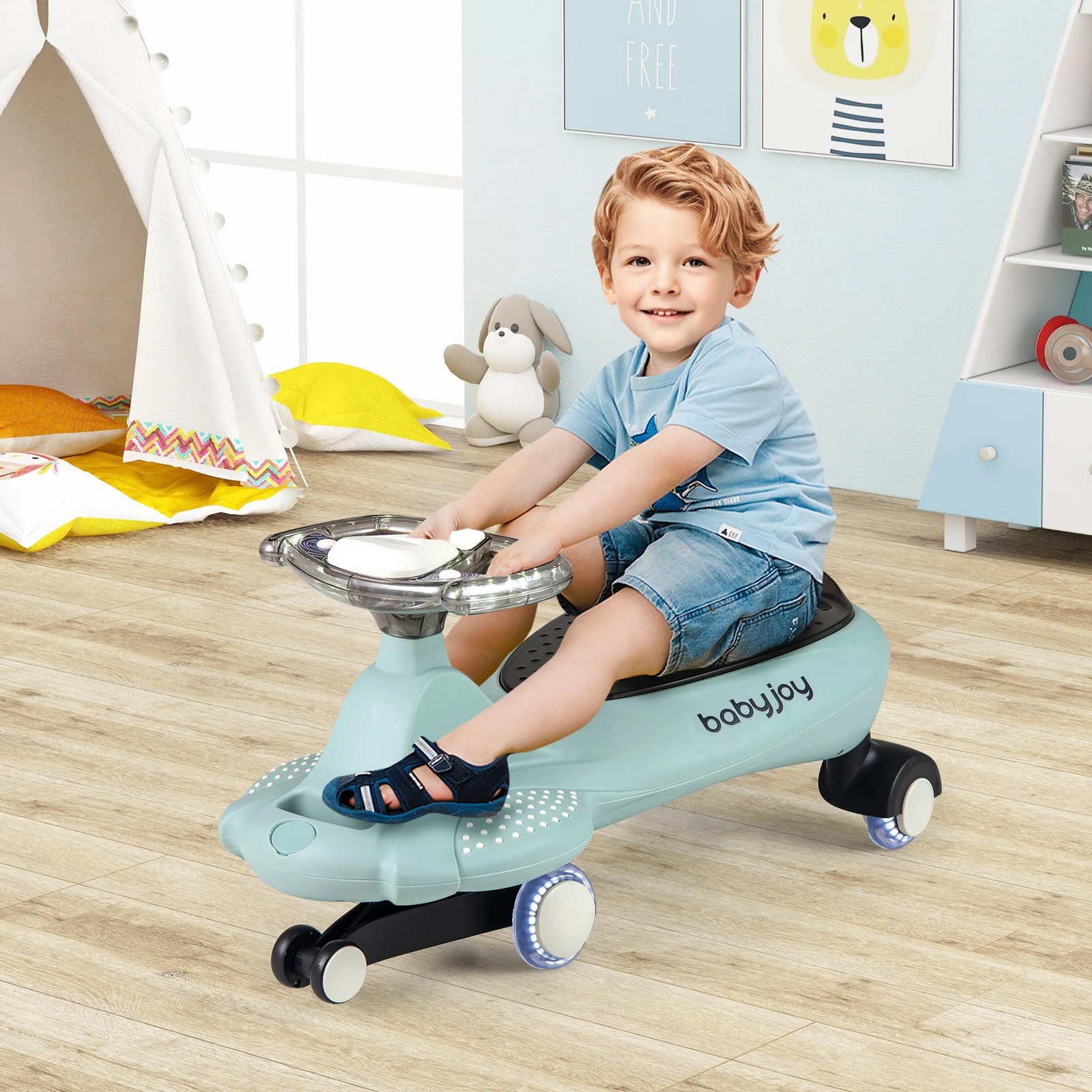 2 Costway Swivel Wiggle Car Scooter w/Flashing Wheels Ride on Car - Green, 2 of 2