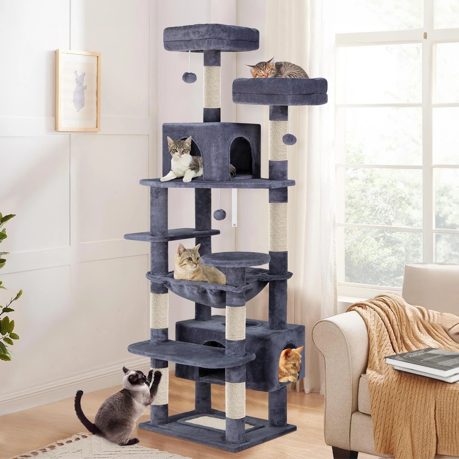 2 Beastie Cat Tree Tower Scratching Post Scratcher Condo House Furniture 184cm - Grey, 2 of 5