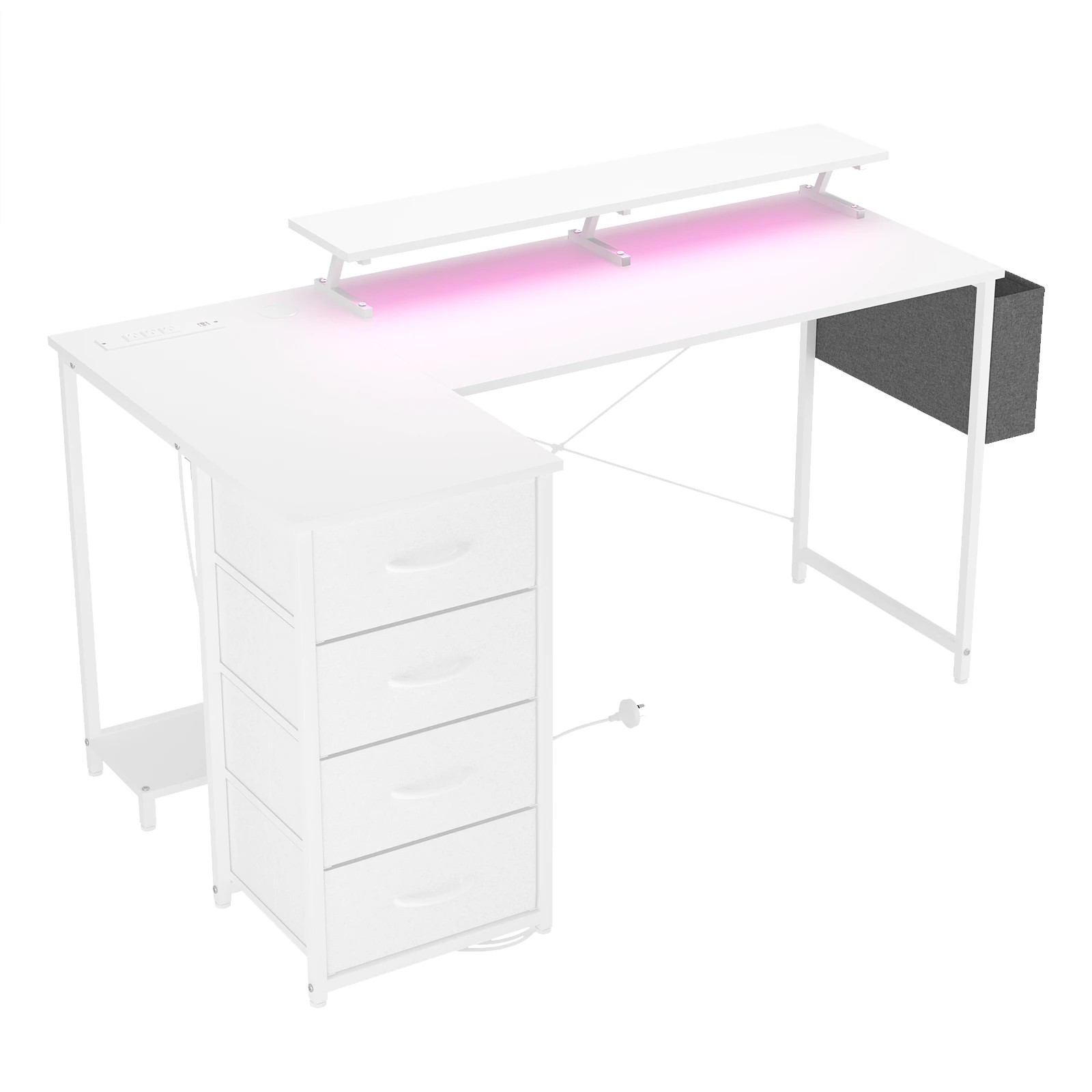 8 Advwin L Shaped Gaming Desk 140cm With Led Lights & Power Outlets Convertible Computer Desk - White, 8 of 10