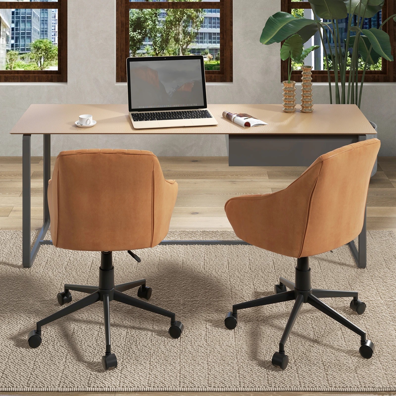 1 Costway Adjustable Office Chair Swivel Leisure Armchair Computer Chair Leathaire Fabric Cover - Brown, 1 of 2