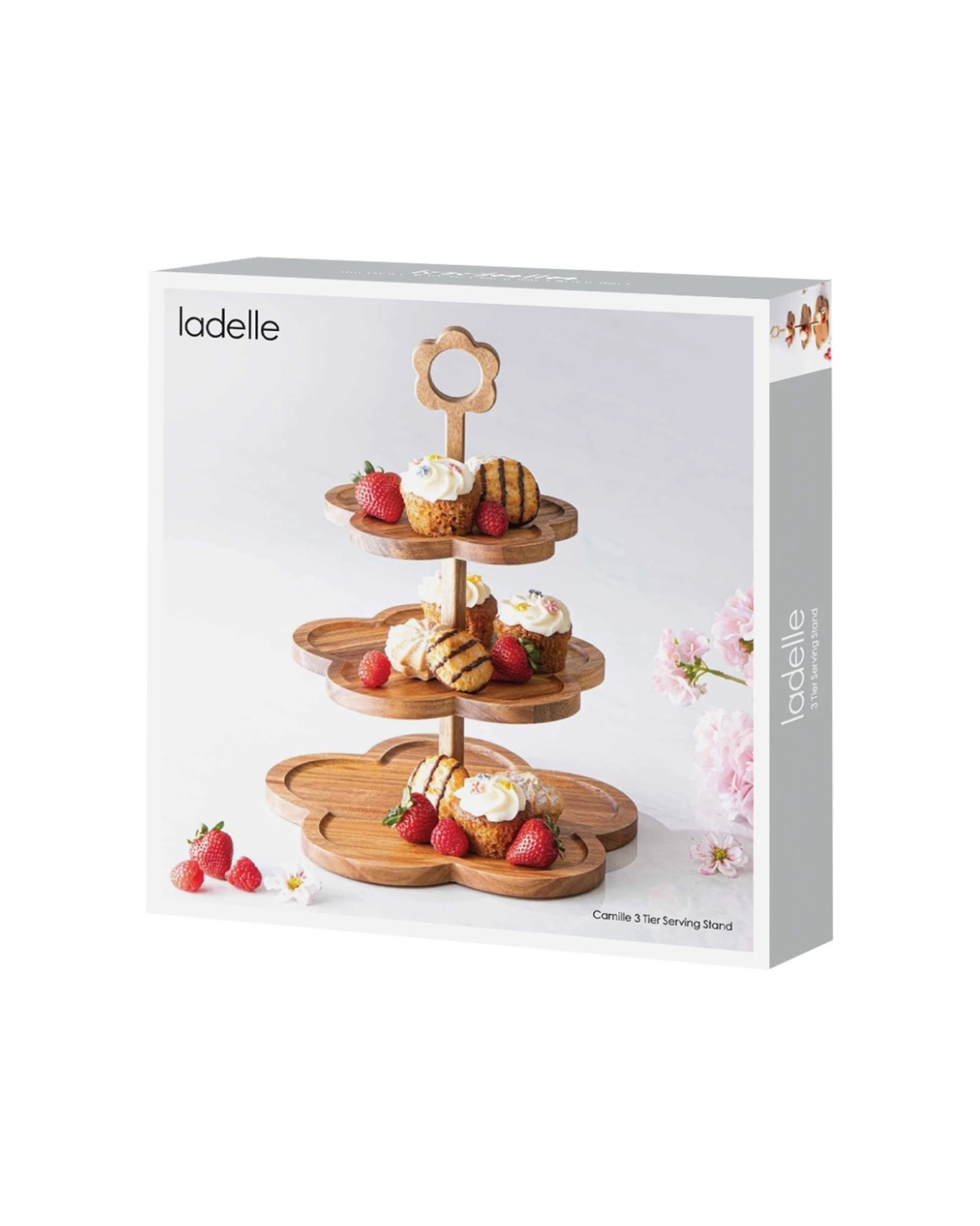 3 Ladelle Camille 3 Tier Serving Flower Shaped Stand With Wood Handle - Natural, 3 of 3