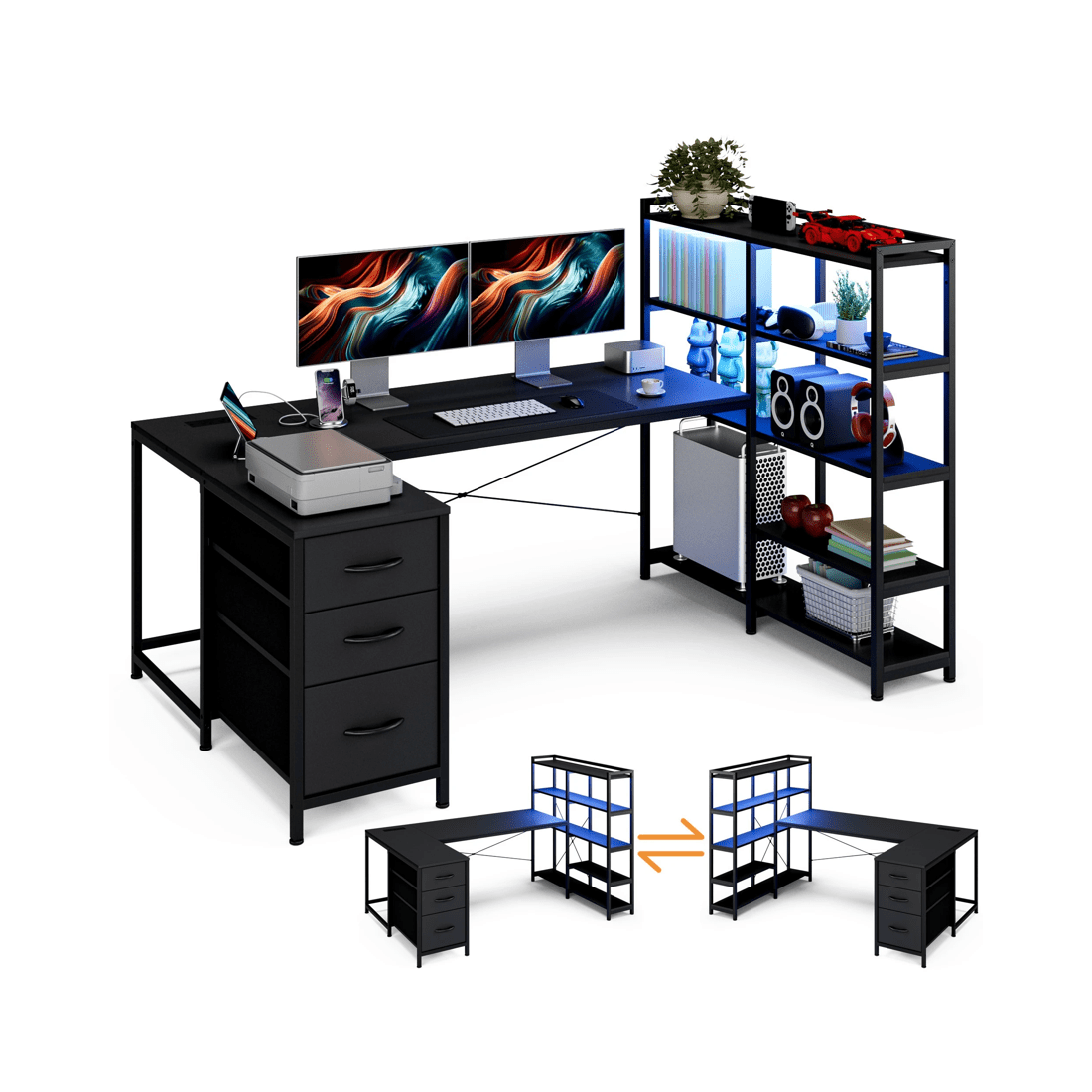 1 Advwin U Shaped Gaming Desk With Led Lights & Power Outlets Reversible 164cm Computer Desk With Bookshelf Black, 1 of 10