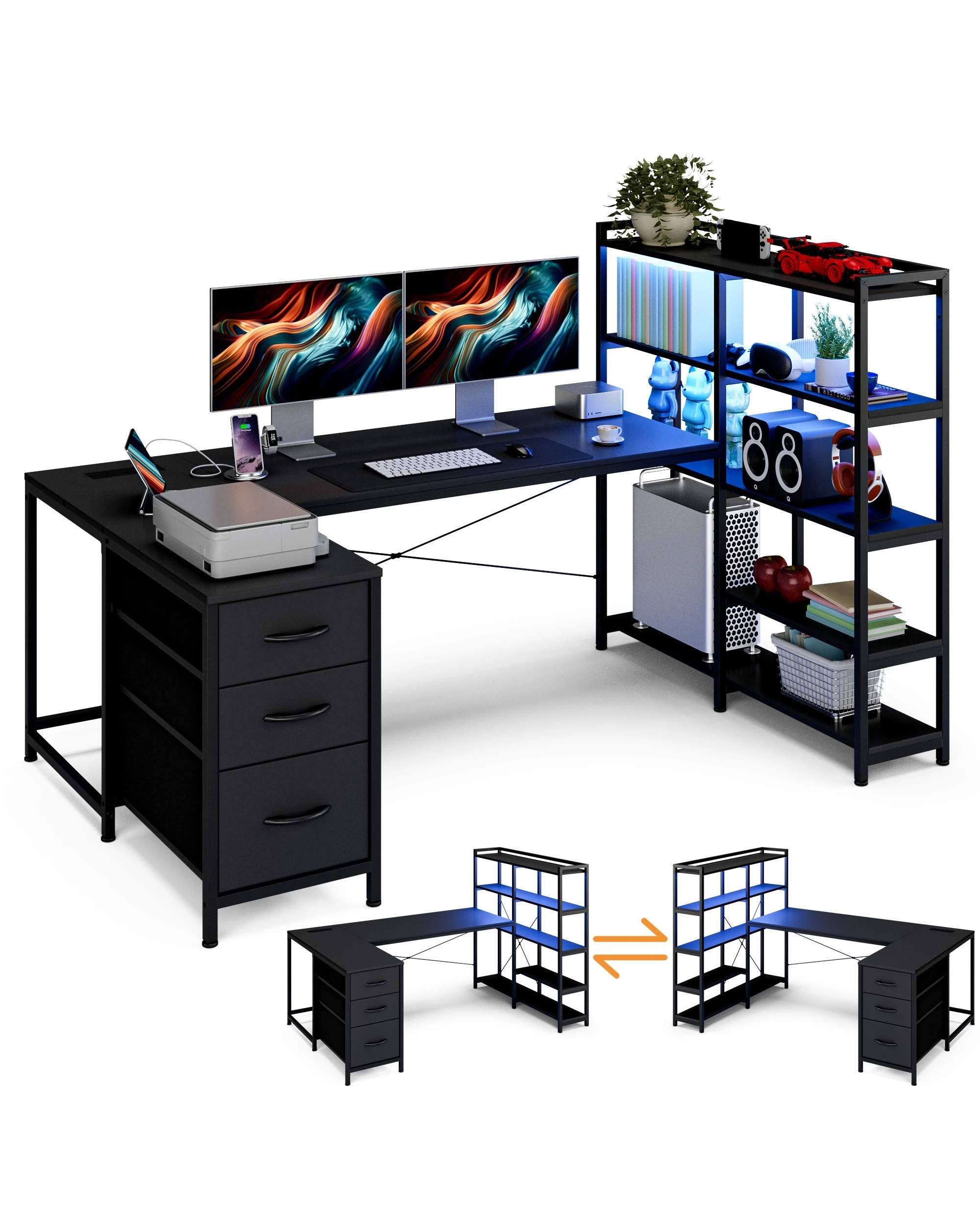 1 Advwin U Shaped Gaming Desk With Led Lights & Power Outlets Reversible 164cm Computer Desk With Bookshelf Black, 1 of 10
