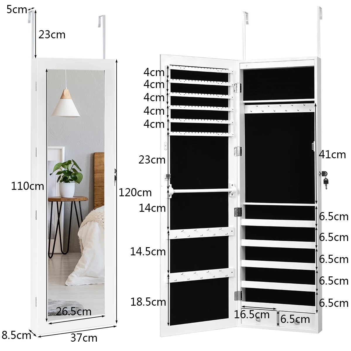2 Costway Mirror Jewelry Cabinet LED Makeup Jewelry Storage Organiser Wall Mounted Storage Cabinet - White, 2 of 5