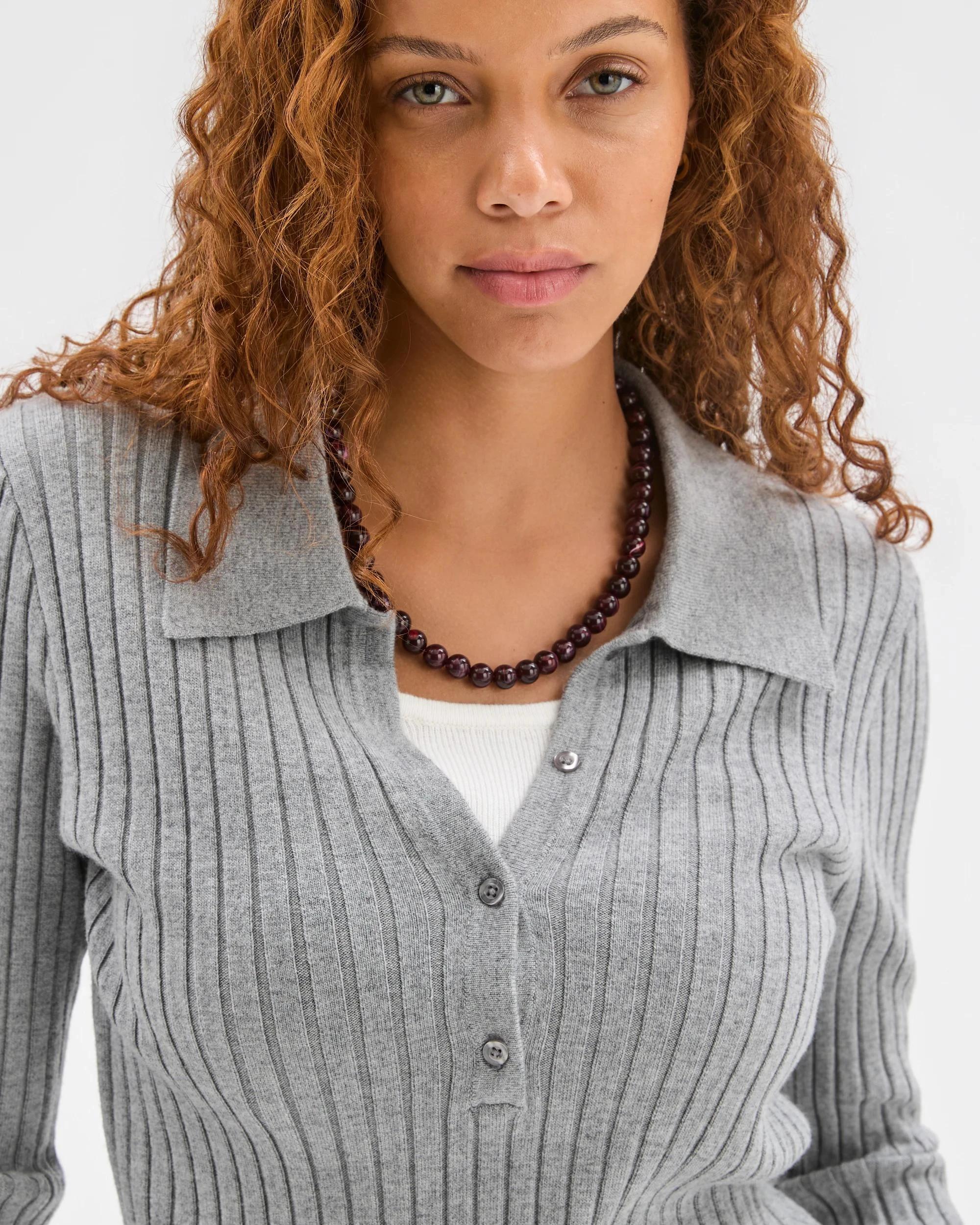 5 Target Woman Fine Knit Double Layer Polo Sweater MID GREY MARLE, 5 of 6