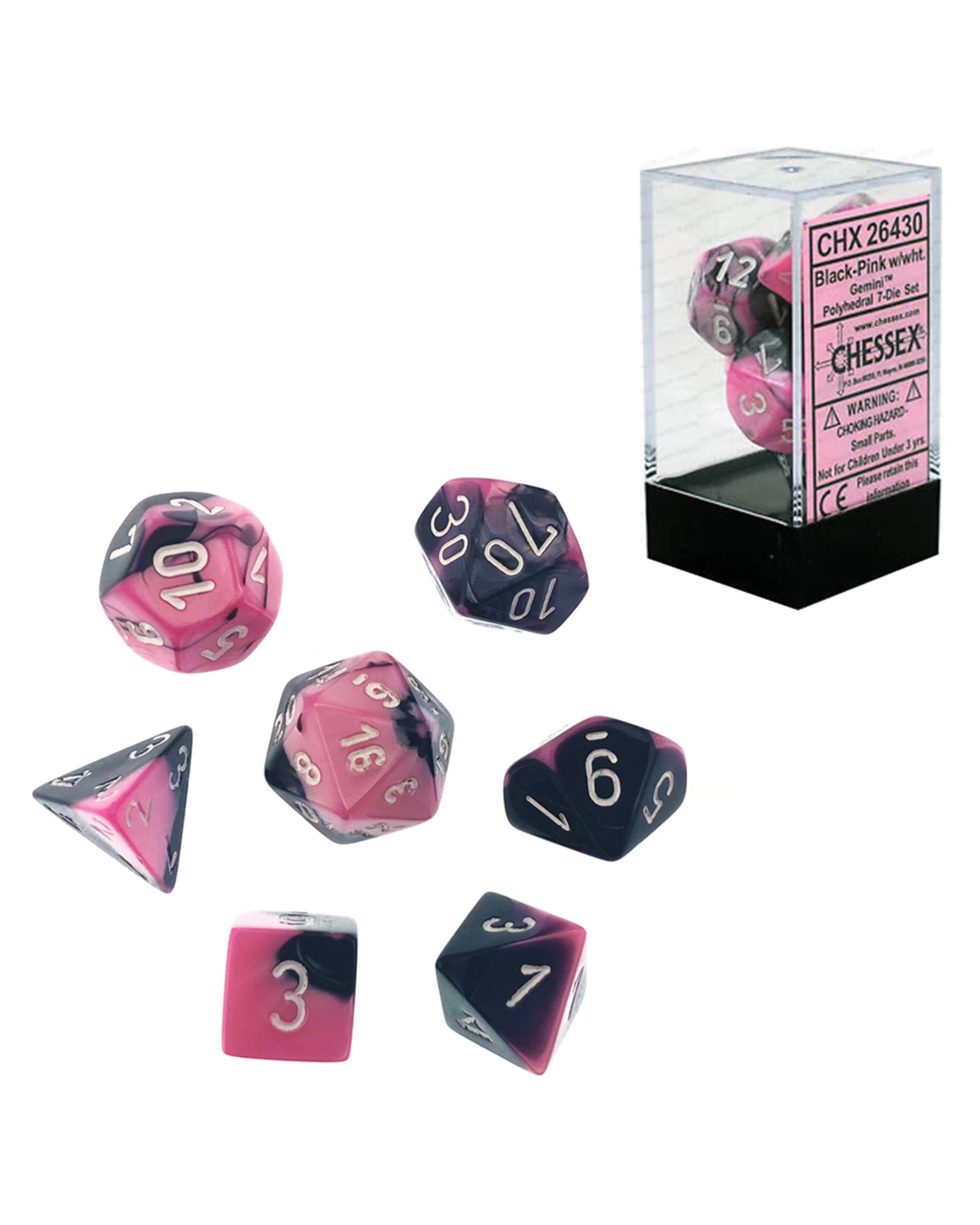 1 Chessex Gemini Polyhedral 7-Die Dice Set - Black/Pink and White, 1 of 3