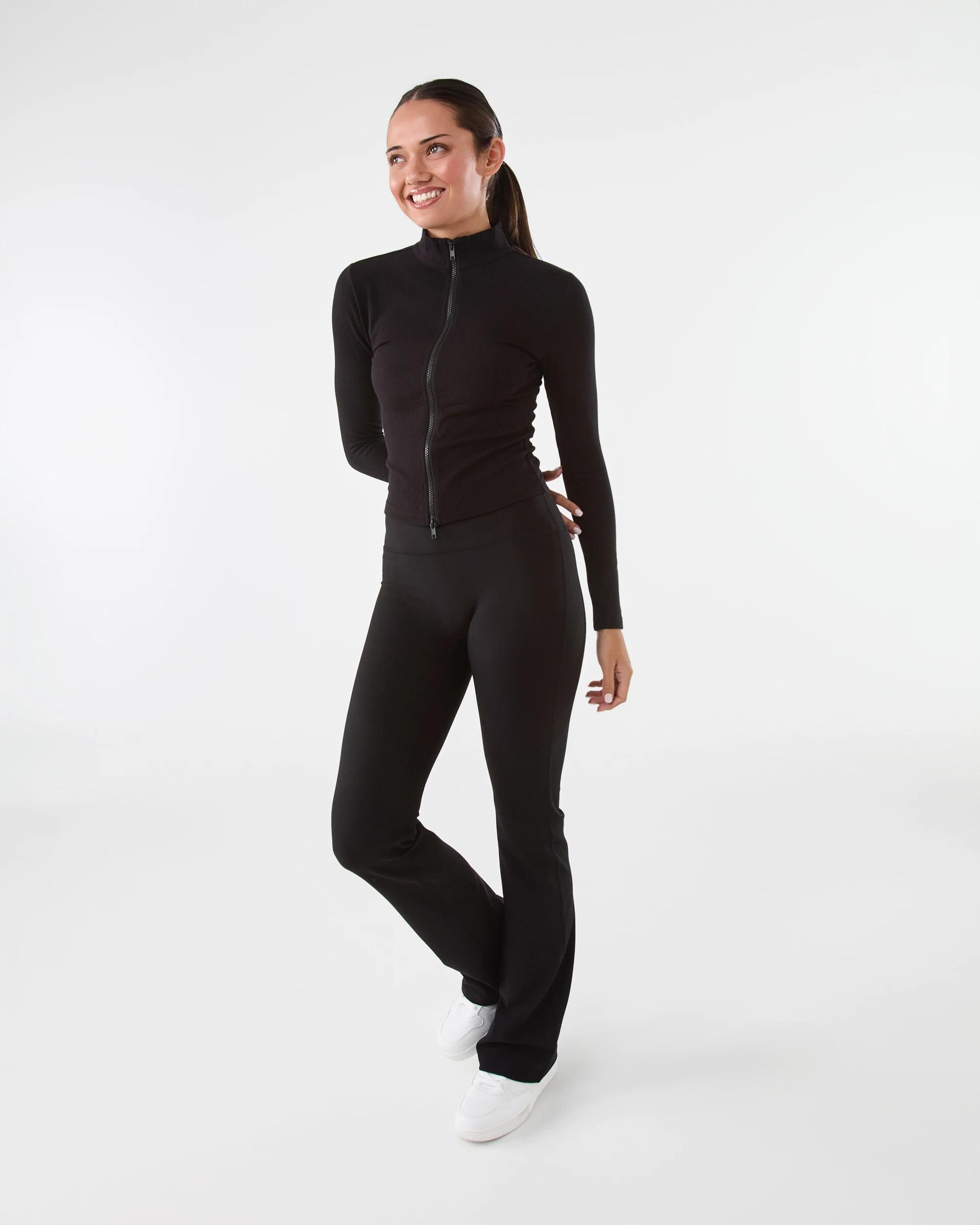 3 Active Womens Ribbed Zip Through Long Sleeve Top Black, 3 of 8