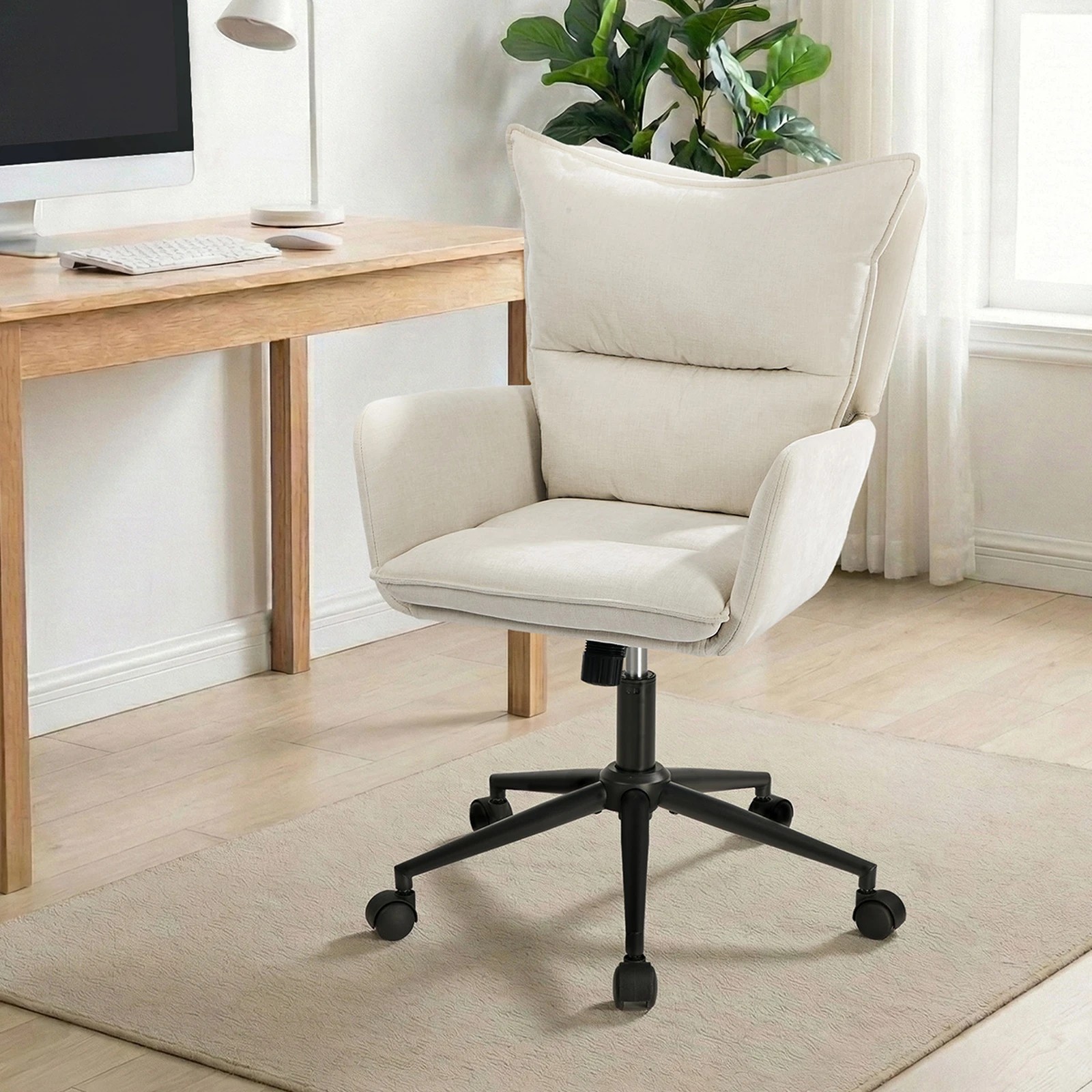 4 Oikiture Mid Back Office Chair Swivel Desk Chair Wide Seat Armrest - Beige, 4 of 7