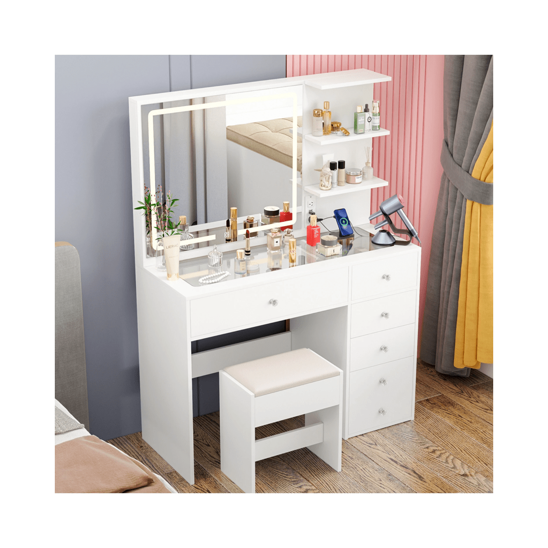 2 Advwin Dressing Table Stool Set Charging Station Lights Glass Tabletop Vanity Desk, 2 of 10