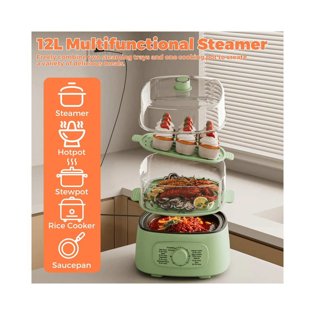 2 Advwin Electric Food Steamer, 12l Electric Steamer Pot With 2 Removable Steamer Trays, 2 of 7