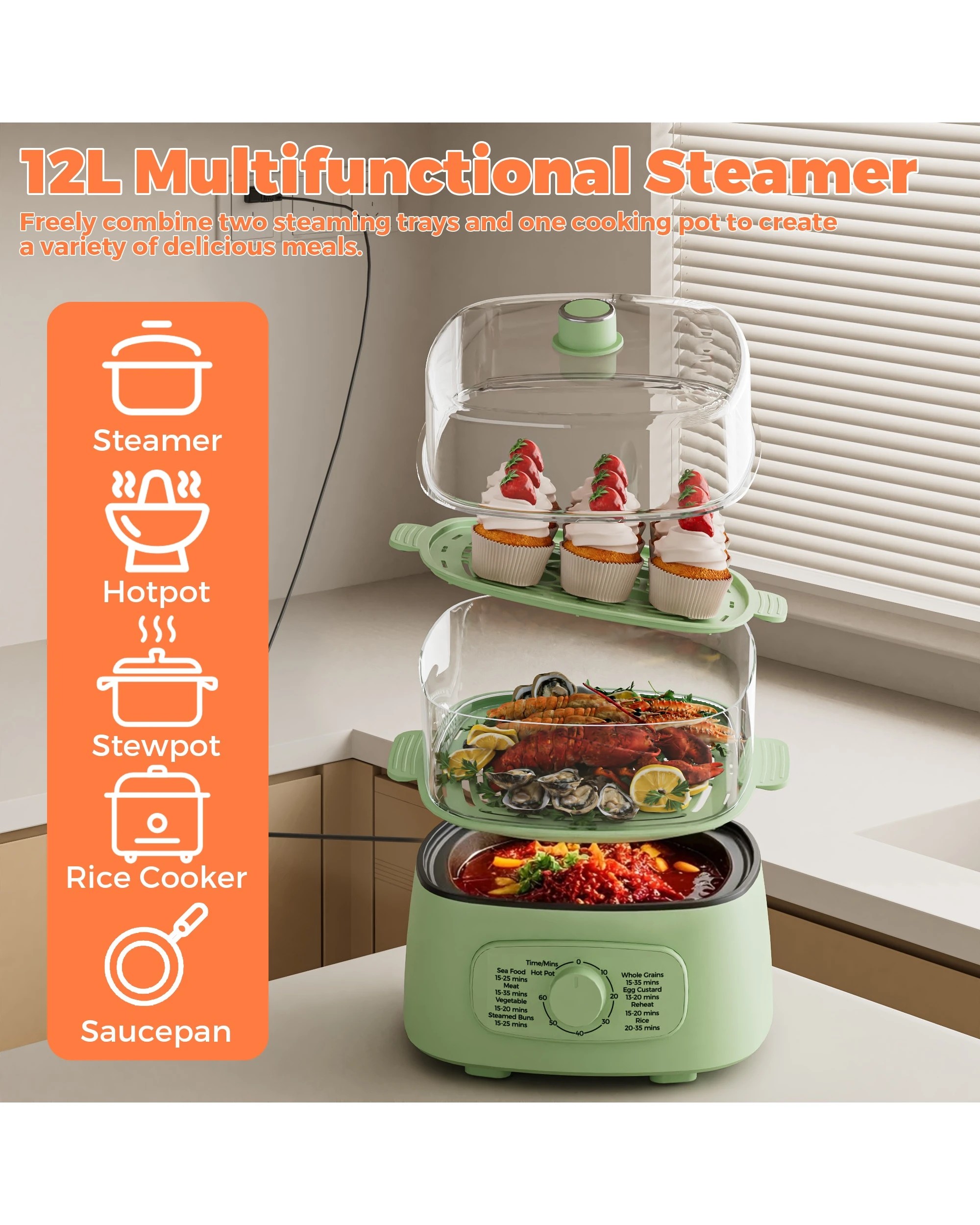 2 Advwin Electric Food Steamer, 12l Electric Steamer Pot With 2 Removable Steamer Trays, 2 of 7
