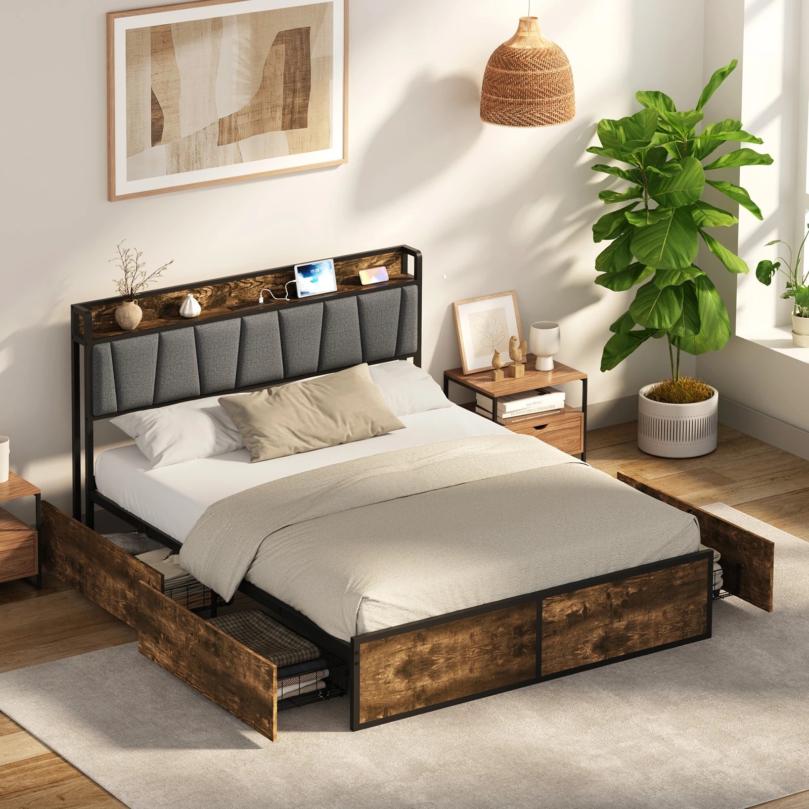 2 Oikiture Double Metal Bed Frame Storage Headboard AC USB Charge - Double Bed - Natural, 2 of 5