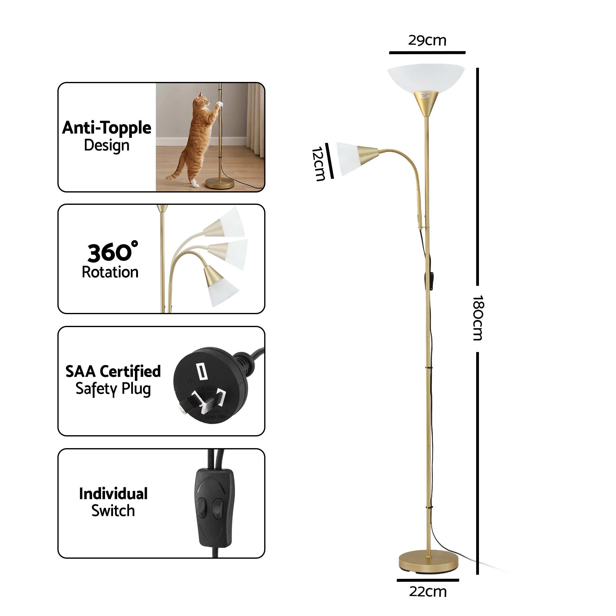 2 Artiss Gold Floor Lamp with Reading Light Mother and Child Standing Lamp Home Living Room Office - Gold, 2 of 8
