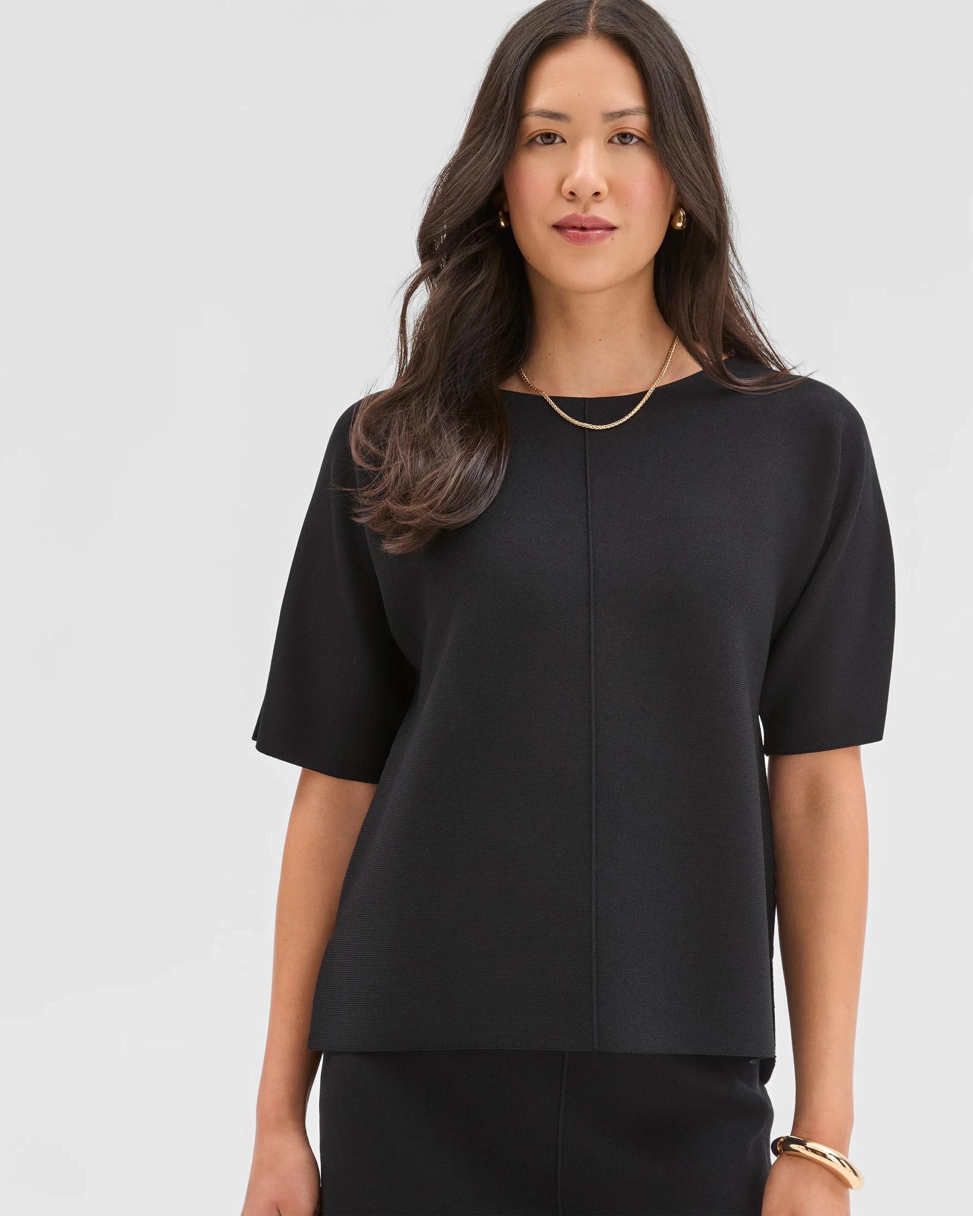 2 Preview Short Sleeve Crepe Knit T-Shirt BLACK, 2 of 5