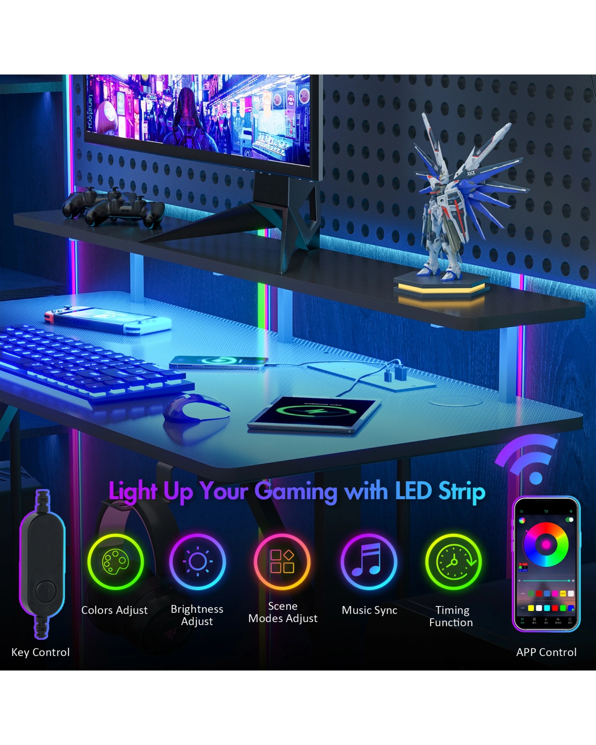 5 Advwin Gaming Desk With Led Lights & Power Outlets 100cm Computer Desk With Monitor Stand, 5 of 9