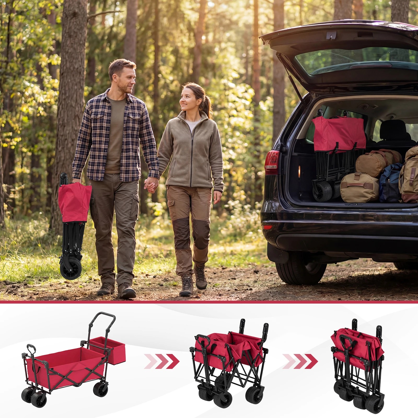 3 Costway Folding Wagon Garden Cart Utility Trolley Outdoor Top Canopy Trailer w/Adjustable Handles - Red, 3 of 5