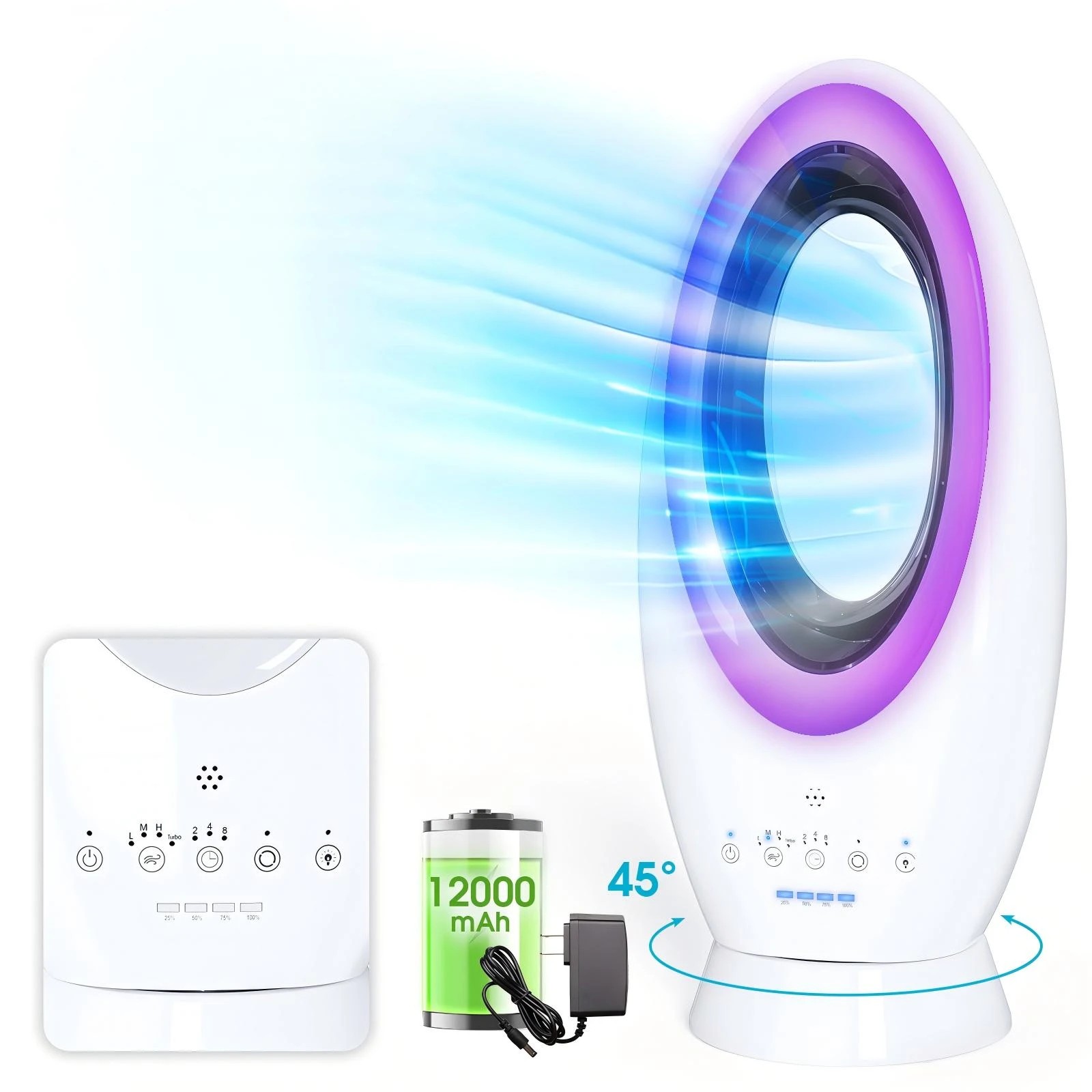 1 Advwin Bladeless Camping Fan Powerful USB Desk Fan with 4-Speed, 12000mAh Rechargeable Battery, Timer, 5 Color Lights, 1 of 7