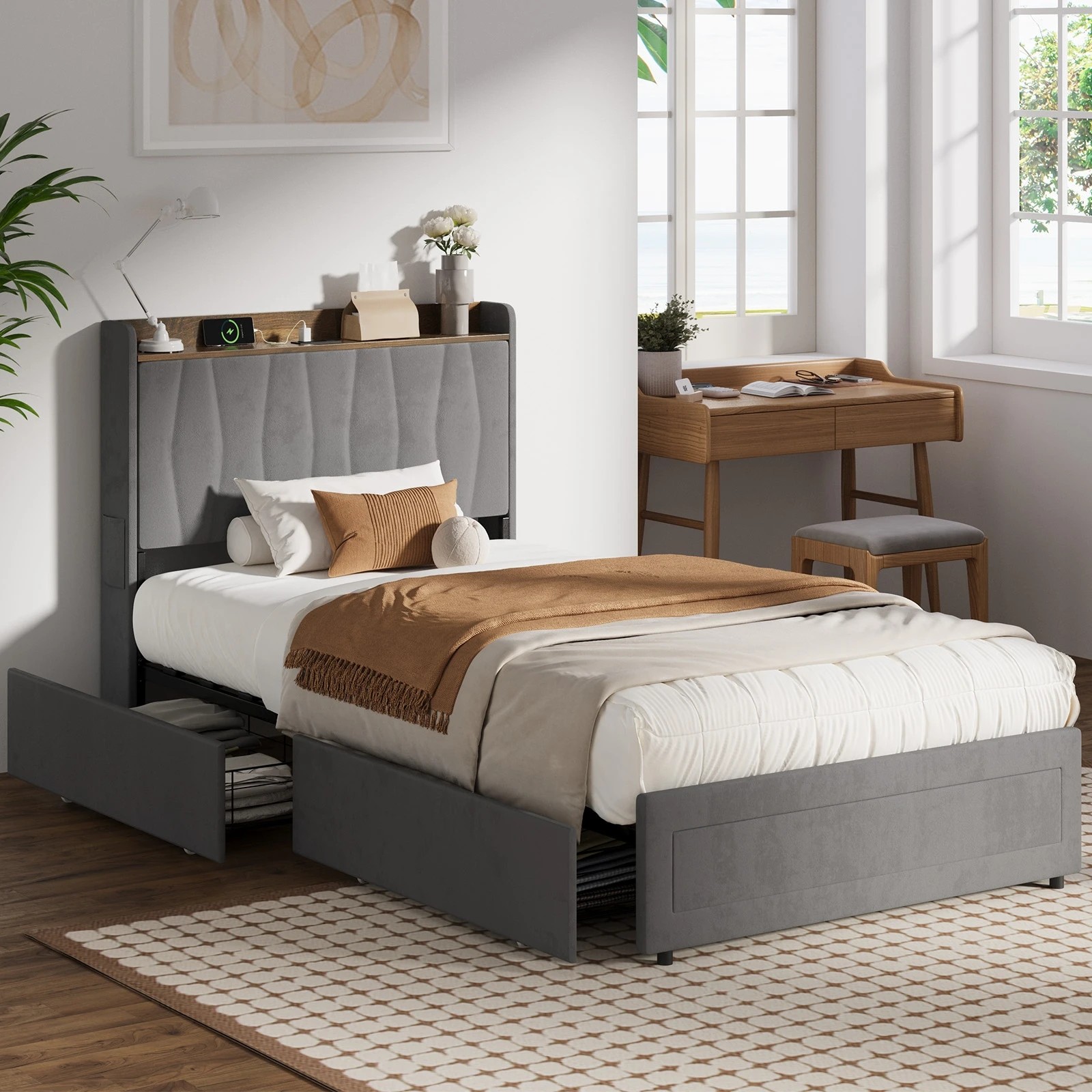 3 Oikiture Bed Frame King Single Size with 4 Drawers Charging Station USB Ports - Grey, 3 of 7