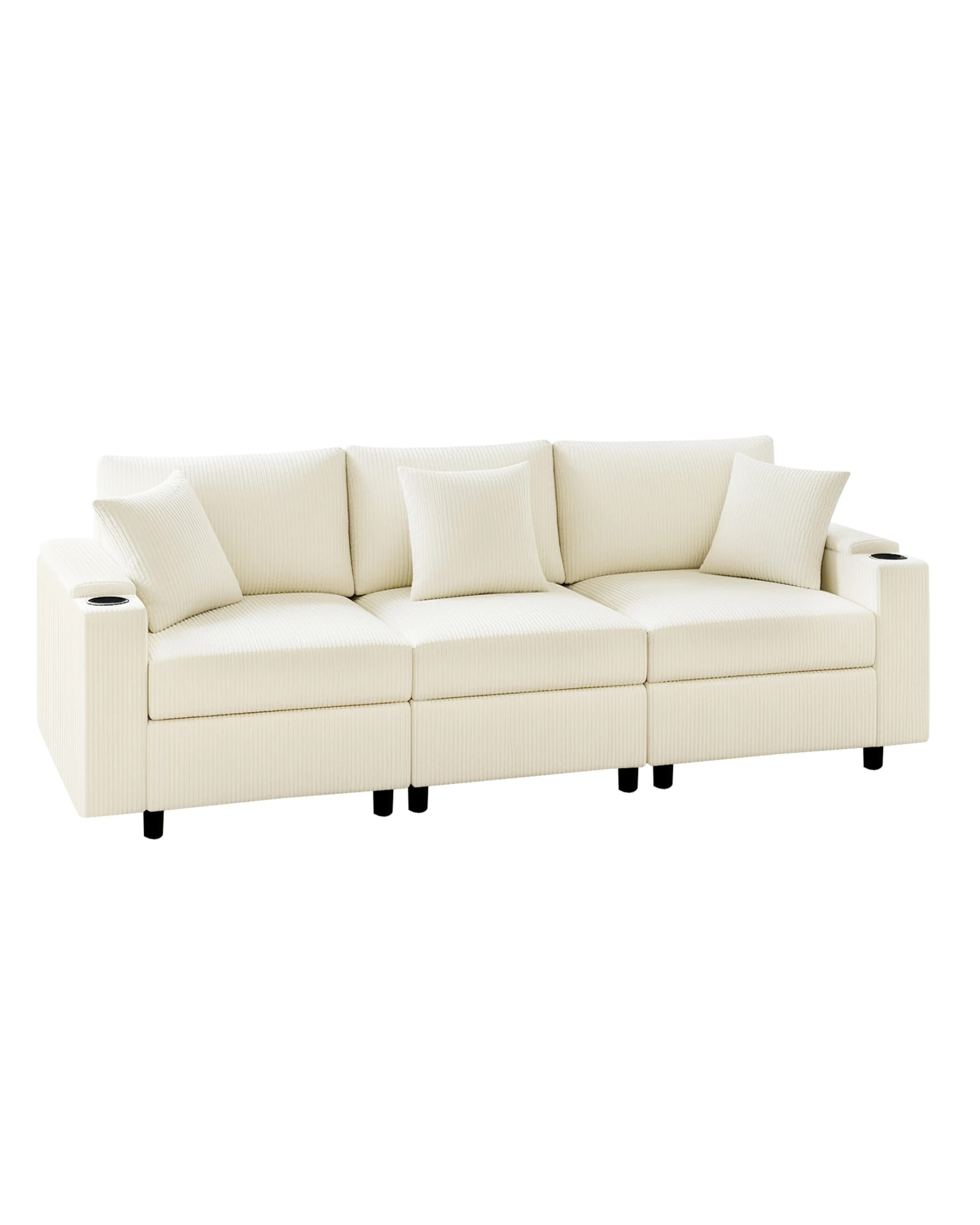 6 Advwin Sofa 256cm Corduroy Modular Couch with Storage Armrests and Cup Holder - Beige, 6 of 10