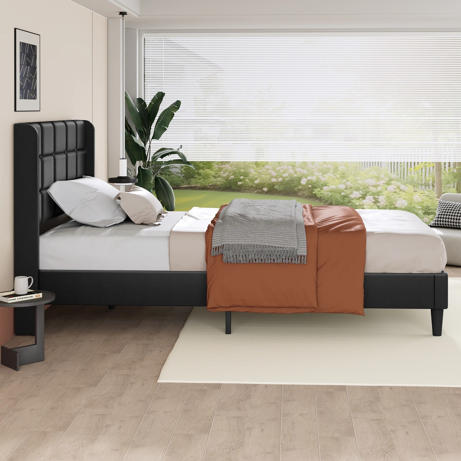 5 Alfordson Bed Frame Single Size Upholstered Wingback Base Leather Sarah - Black, 5 of 10