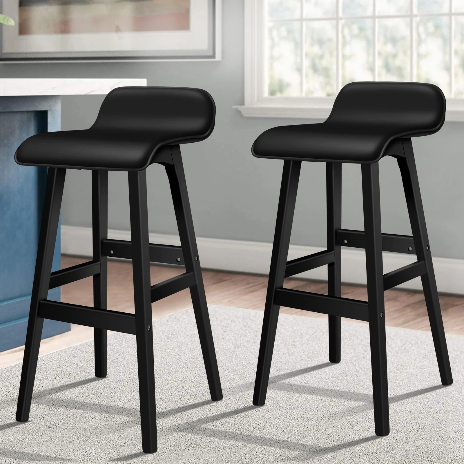 2 Alfordson 2x Wooden Bar Stools Kitchen Dining Chair Leather Samuel - Black, 2 of 10
