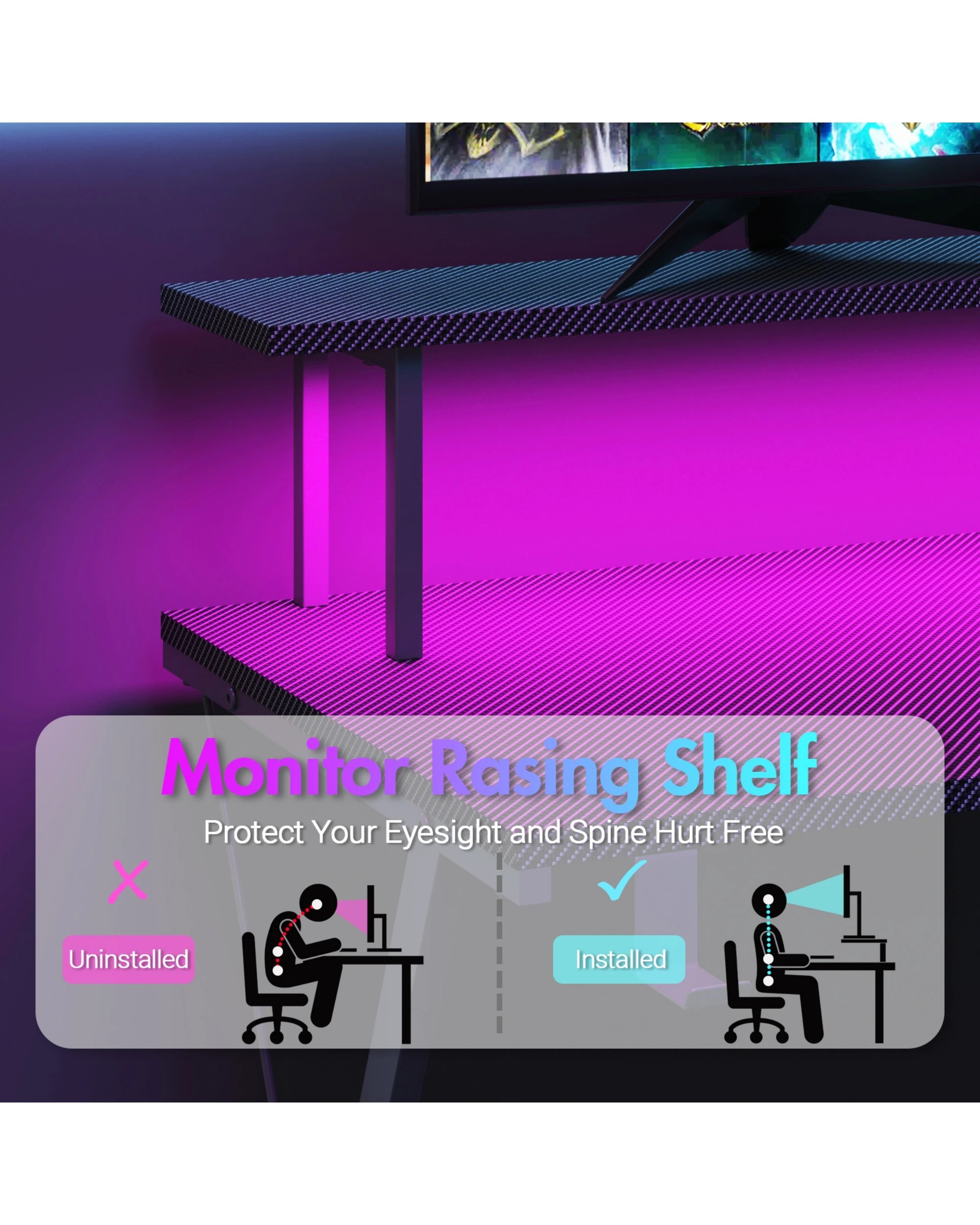 3 Advwin 126cm L Shaped Gaming Desk With Led Lights & Power Outlets Computer Desk Black, 3 of 10