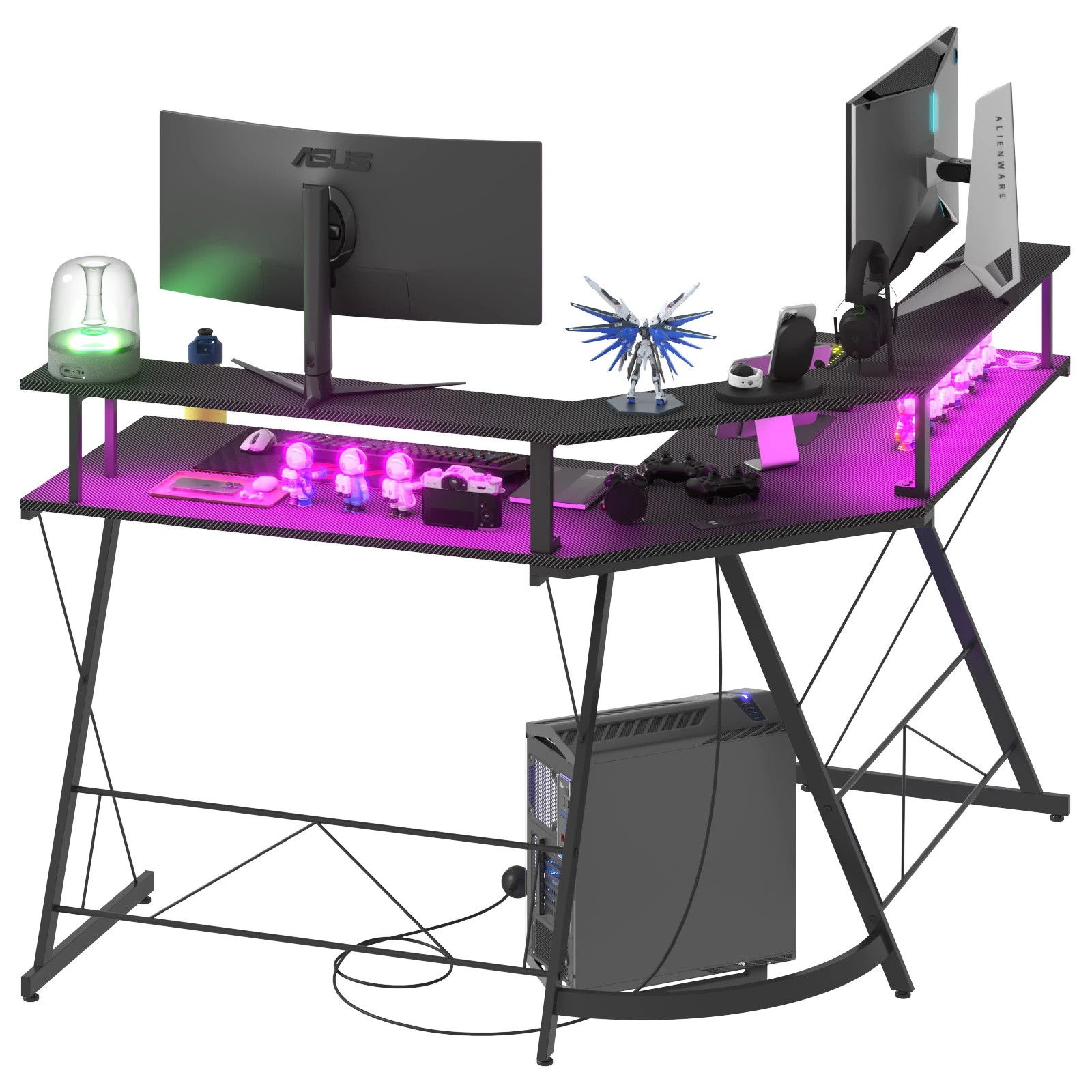 2 Advwin 126cm L Shaped Gaming Desk With Led Lights & Power Outlets Computer Desk Black, 2 of 9