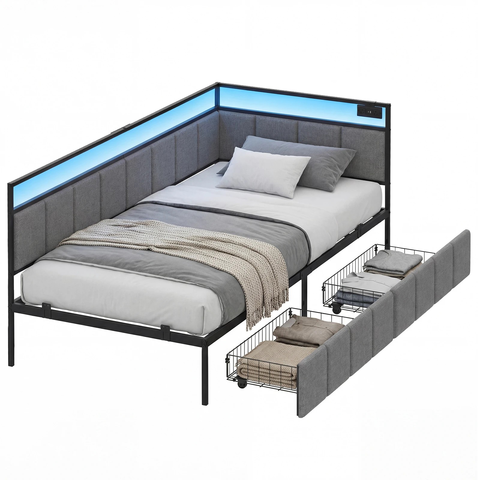 1 Advwin Single Corner Bed Frame with Charging Station and LED Light - Grey, 1 of 10