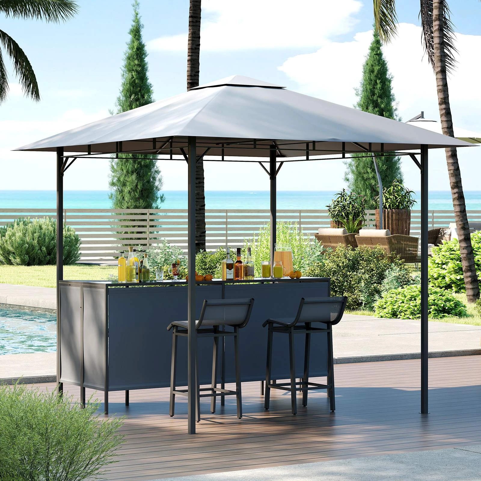 2 Costway 3-Piece Patio Bar Set 2.5 m Double-Tier Grill Gazebo - Grey, 2 of 3