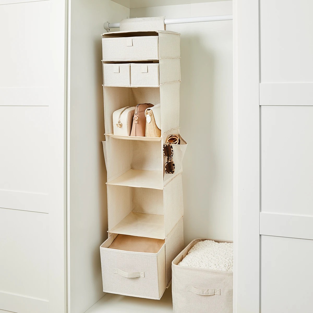 2 Linen Look Hanging Shelving with Drawers - Beige, 2 of 10