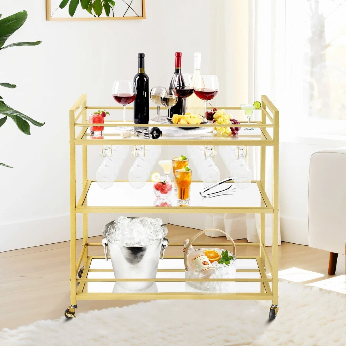 4 Ausway Bar Cart Wine Rack Drinks Trolley Coffee Tea - Gold, 4 of 8