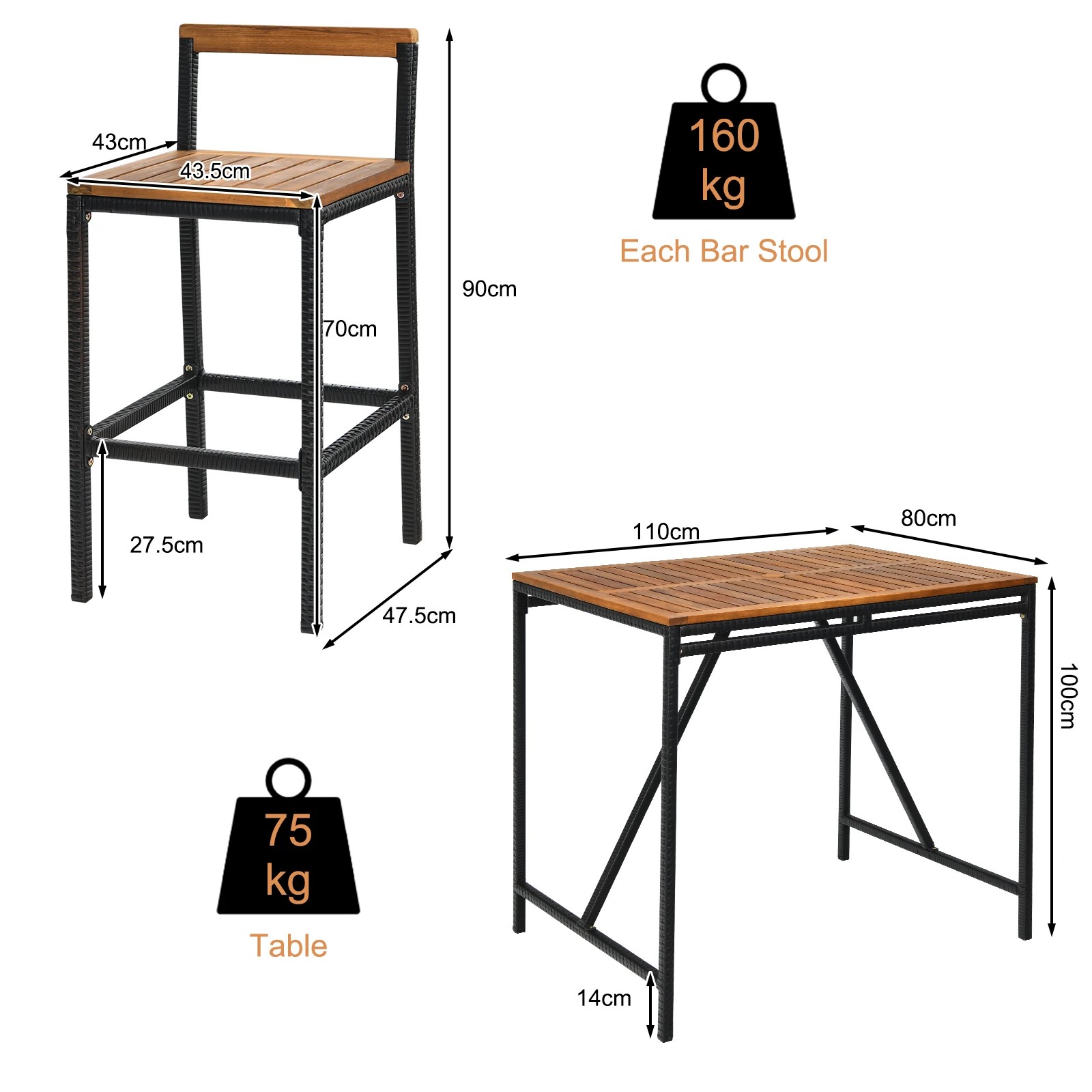 2 Costway 5PCS Outdoor PE Rattan Bar Set Counter Height Dining Table w/Umbrella Hole - Brown, 2 of 2