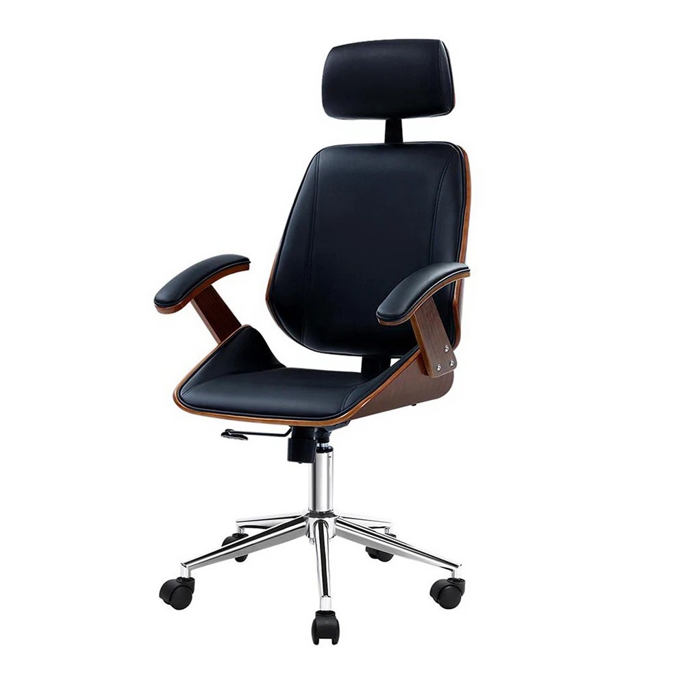 1 Artiss Wooden Office Chair Leather Seat - Black, 1 of 6