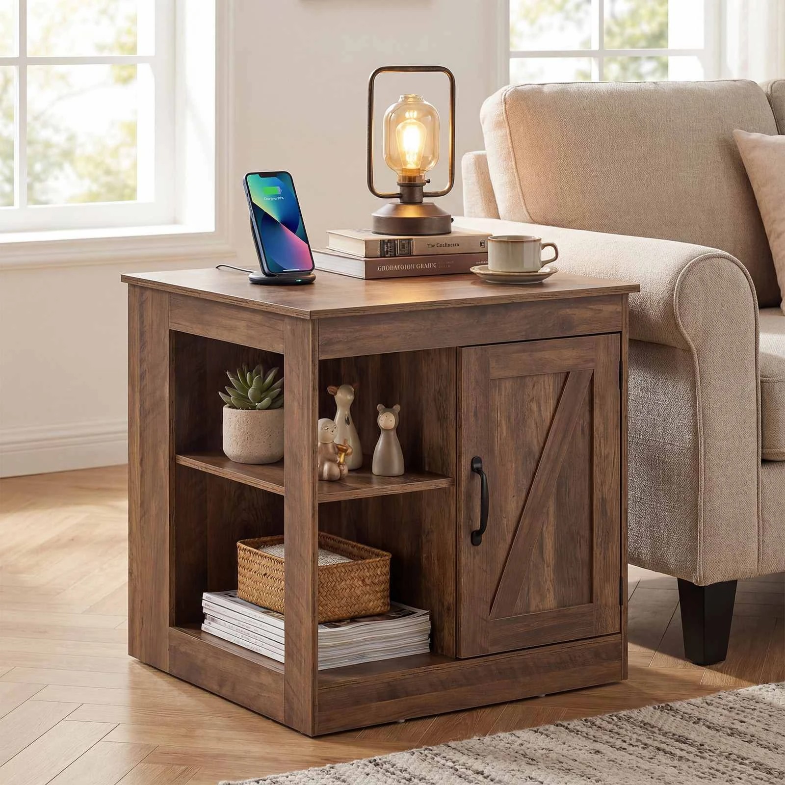 2 Costway Farmhouse End Table w/Power Outlets Sofa Bedside Table Nightstand, 2 of 4