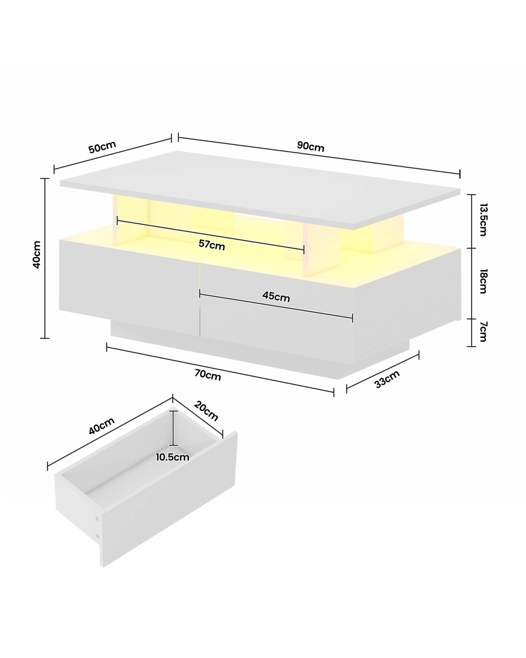 2 Advwin LED Coffee Table w/ 4 Storage Drawers High Gloss Central Table w/ Open Display Shelf, 2 of 8