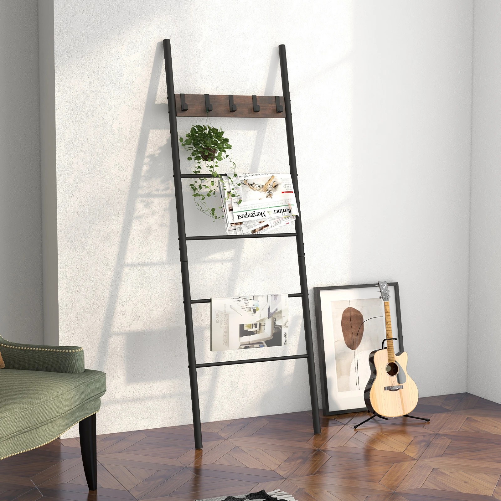 3 Costway 5-Tier Ladder Shelf Wall Leaning Blanket Ladder Rack w/5 Removable Hooks, 3 of 4