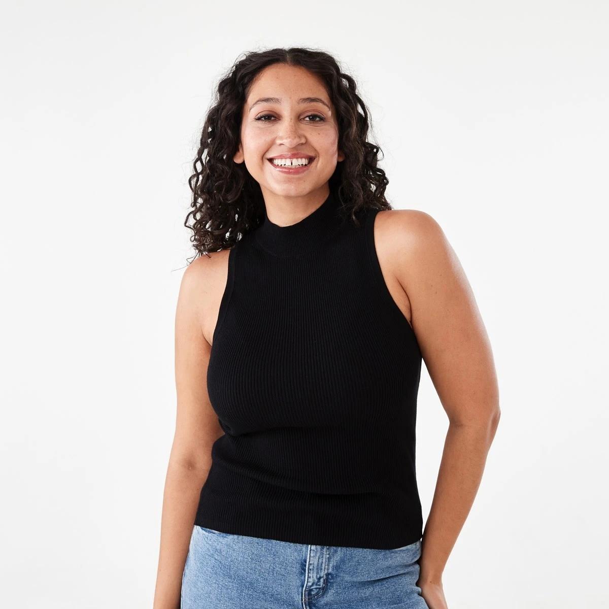 1 Sleeveless Mock Neck Rib Tank Black, 1 of 5