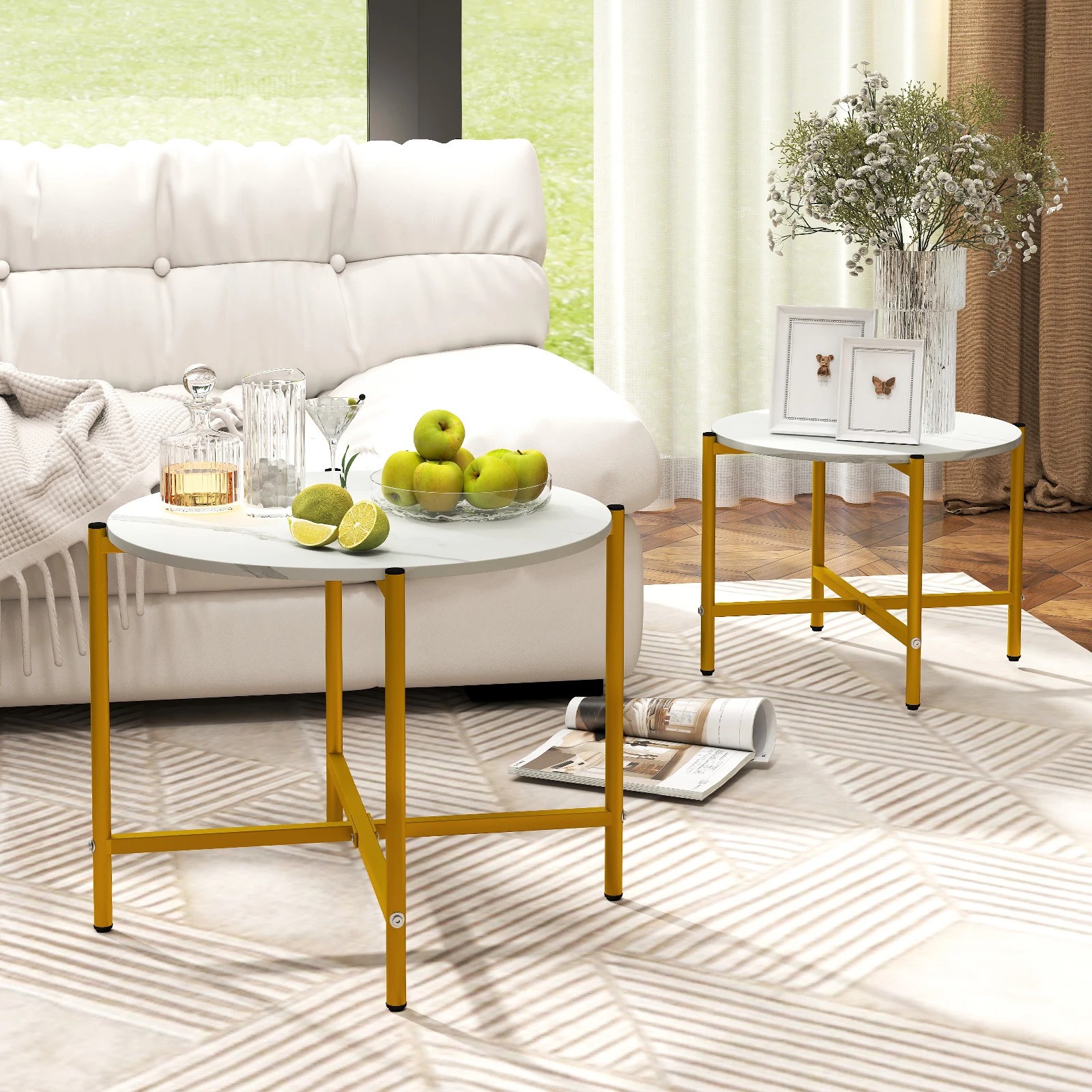 3 Costway 2PCS Round Coffee Table Sofa Nesting Side End Table w/Adjustable Footpads, 3 of 4