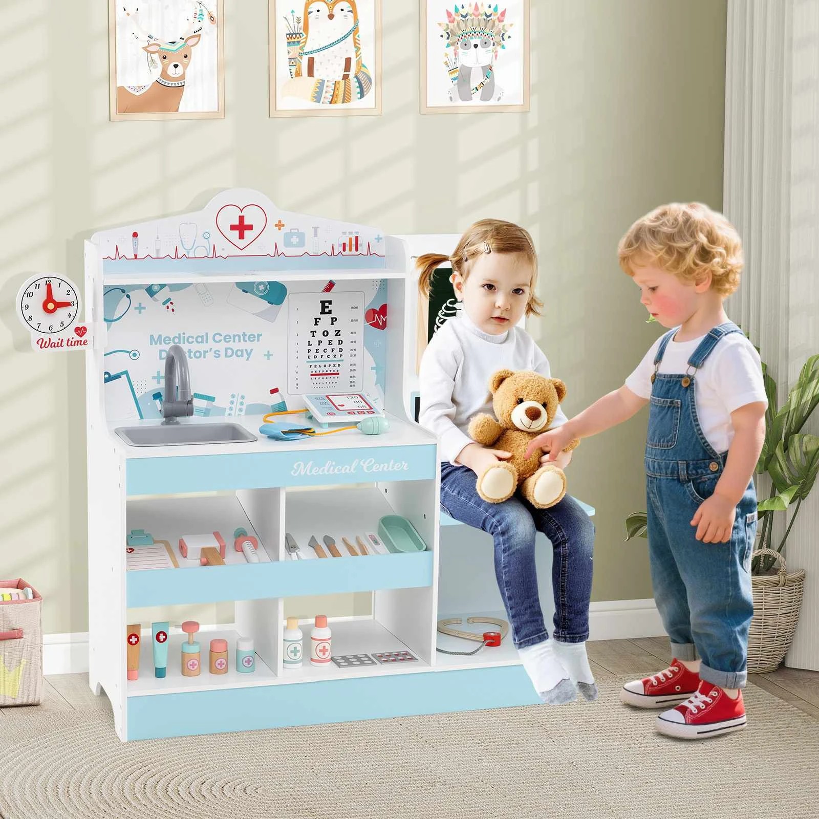 2 Costway Wooden Doctor Play Set Pretend Play Medical Center - Blue, 2 of 2