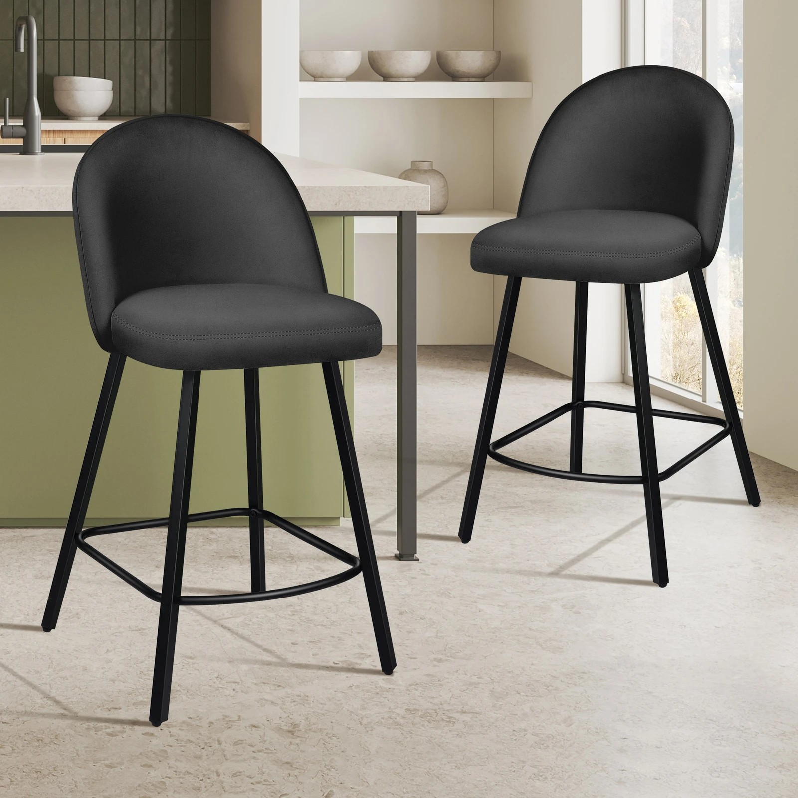 2 Alfordson 2x Bar Stools Velvet Chair - Dark Grey, 2 of 8