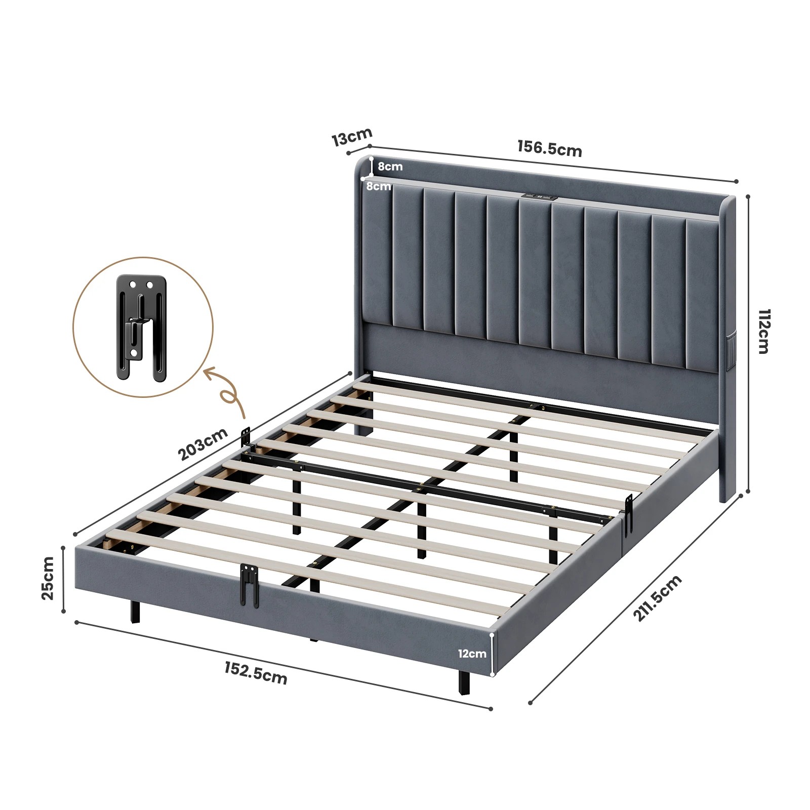 3 Advwin Queen Velvet Floating Bed Frame with RGB LED and Charging Station - Grey, 3 of 7
